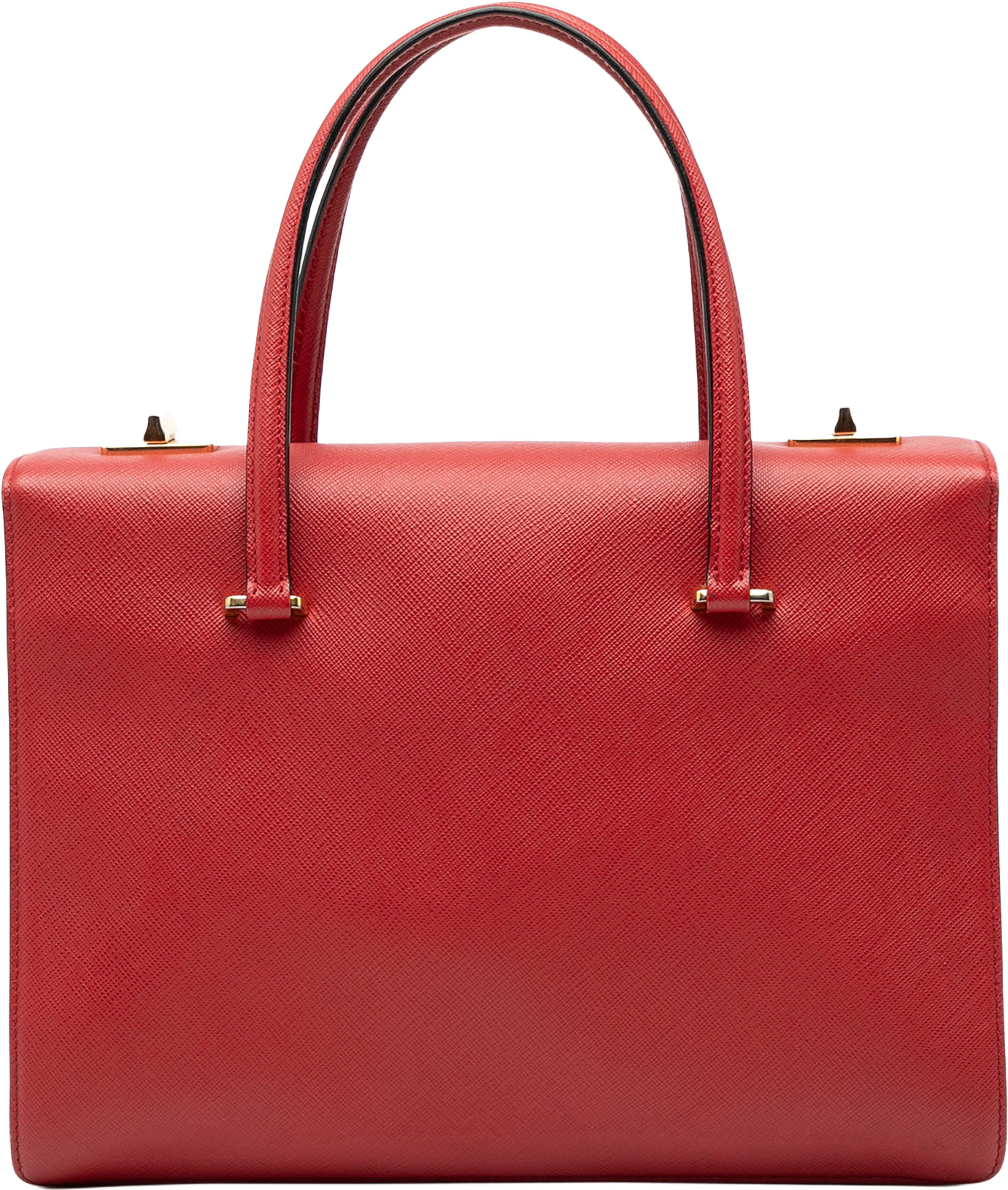 Prada Saffiano Turnlock Handbag, från Luxclusif, i färgen red. Klicka för att öppna bilden i stort format
