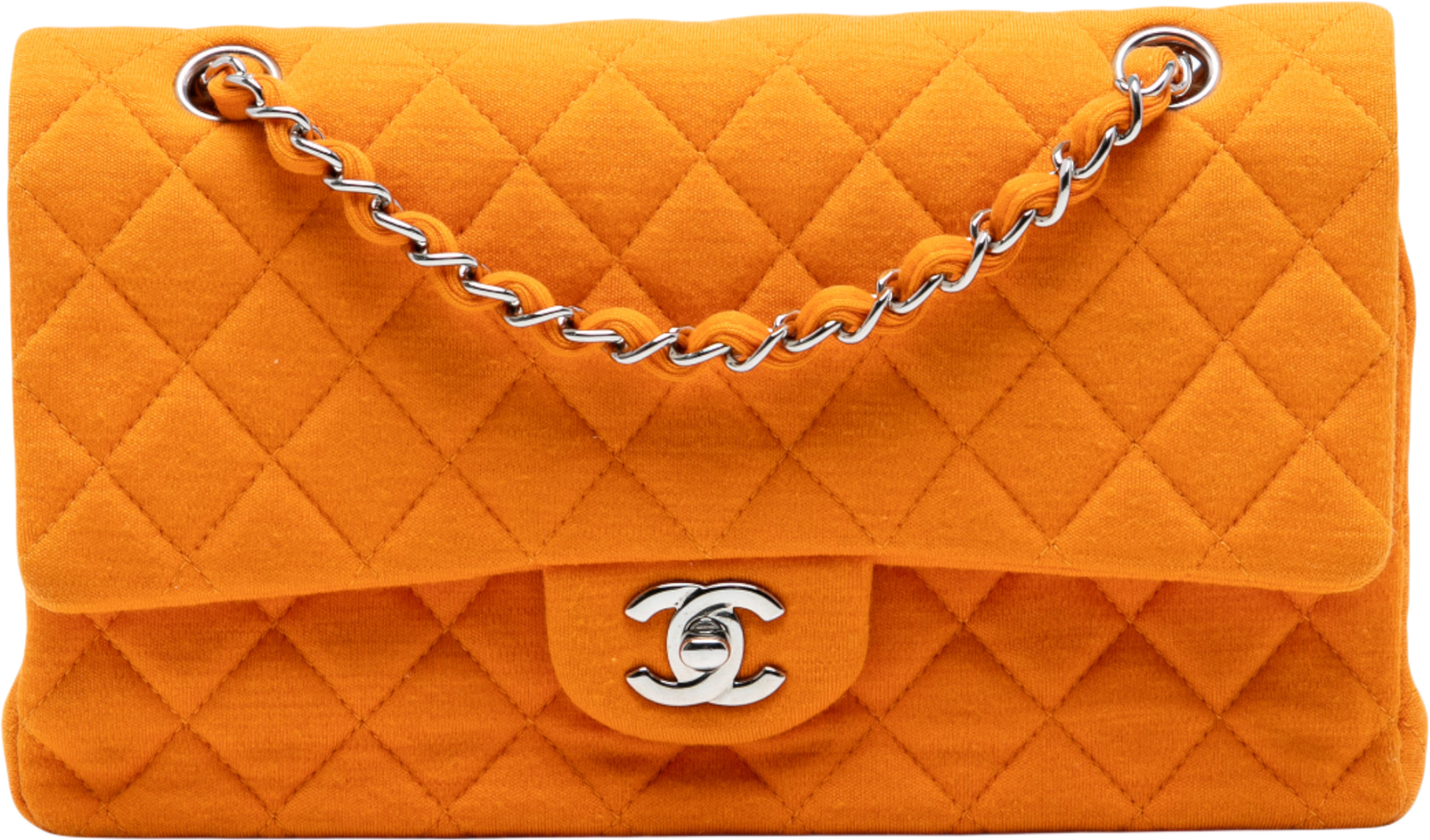 Chanel Medium Classic Jersey Double Flap, från Luxclusif, i färgen orange. Klicka för att öppna bilden i stort format
