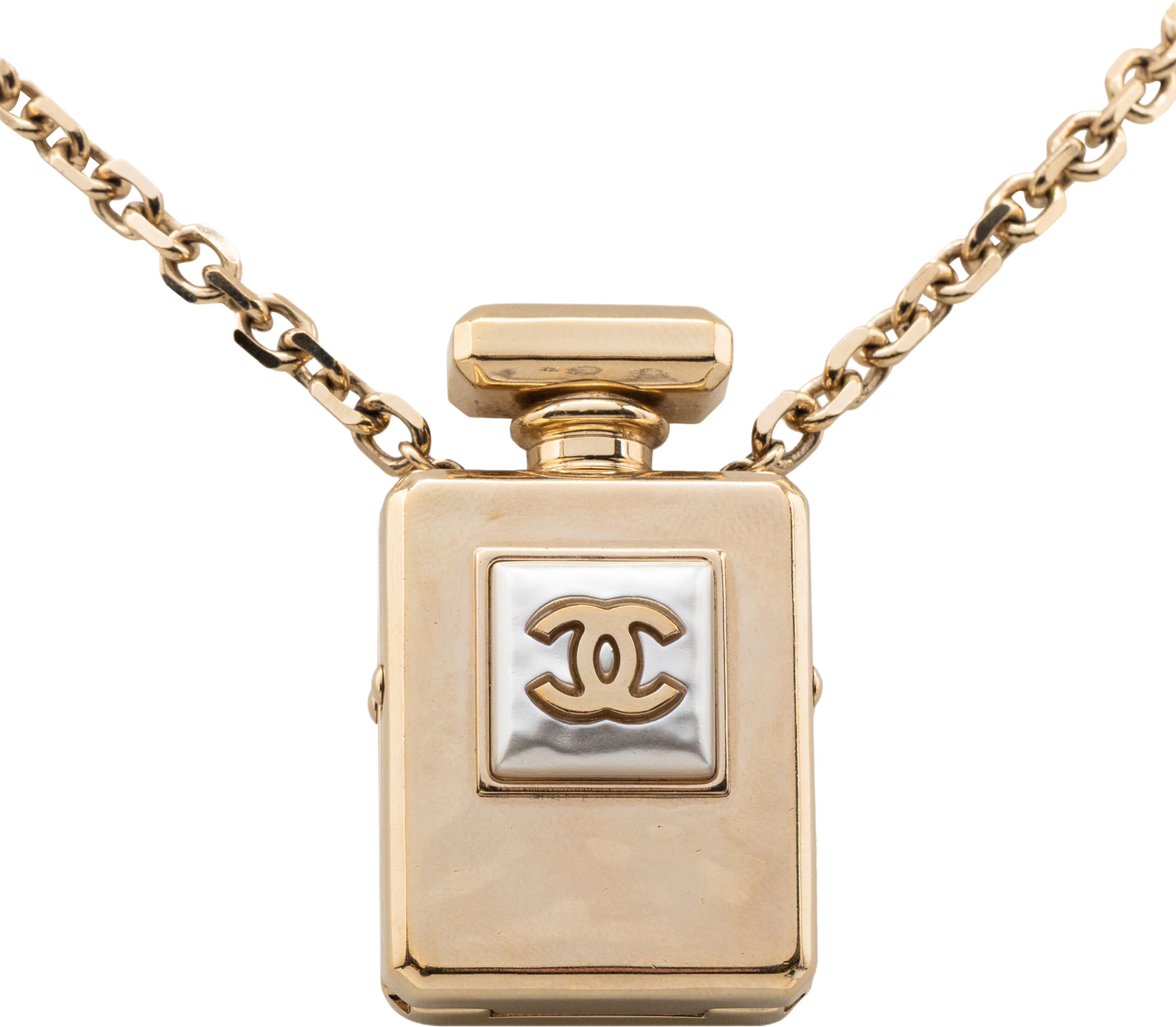 Chanel Cc Gold Plated Perfume Bottle Locket Pendant Necklace, från Luxclusif, i färgen gold. Klicka för att öppna bilden i stort format