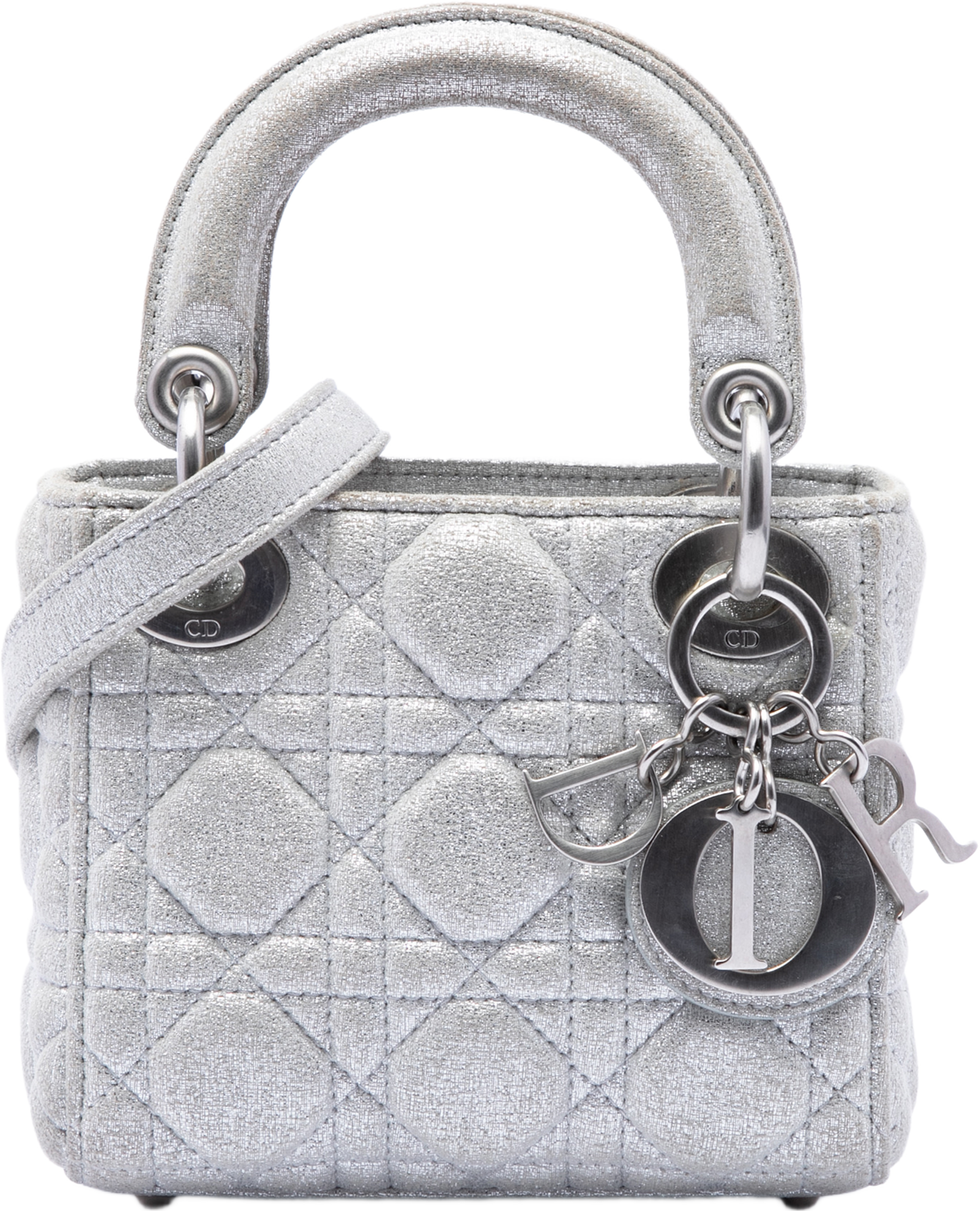 Dior Micro Metallic Calfskin Cannage Lady Dior, från Luxclusif, i färgen silver. Klicka för att öppna bilden i stort format