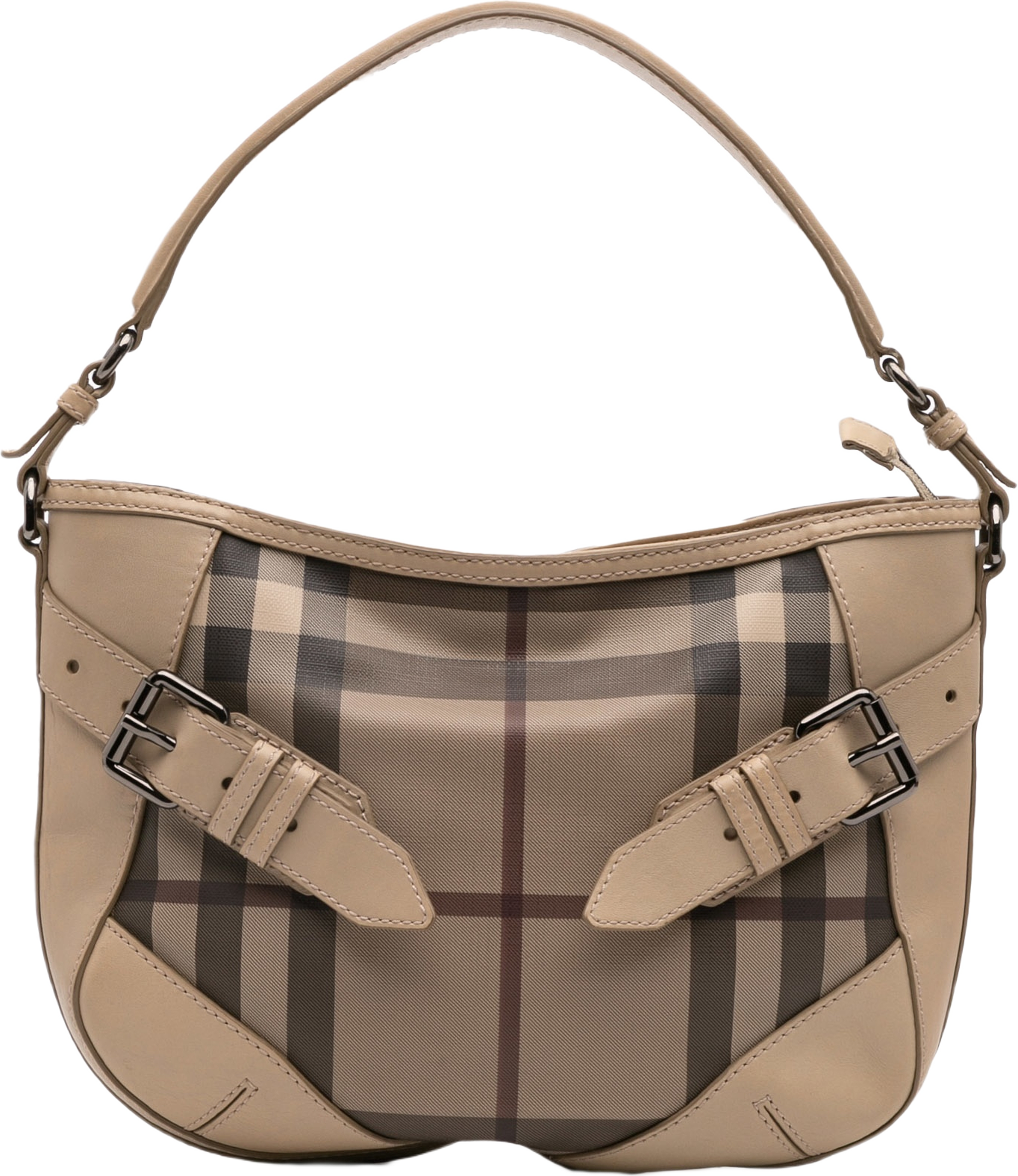 Burberry Smoke Check Coated Canvas And Leather Satchel, från Luxclusif, i färgen light brown. Klicka för att öppna bilden i stort format