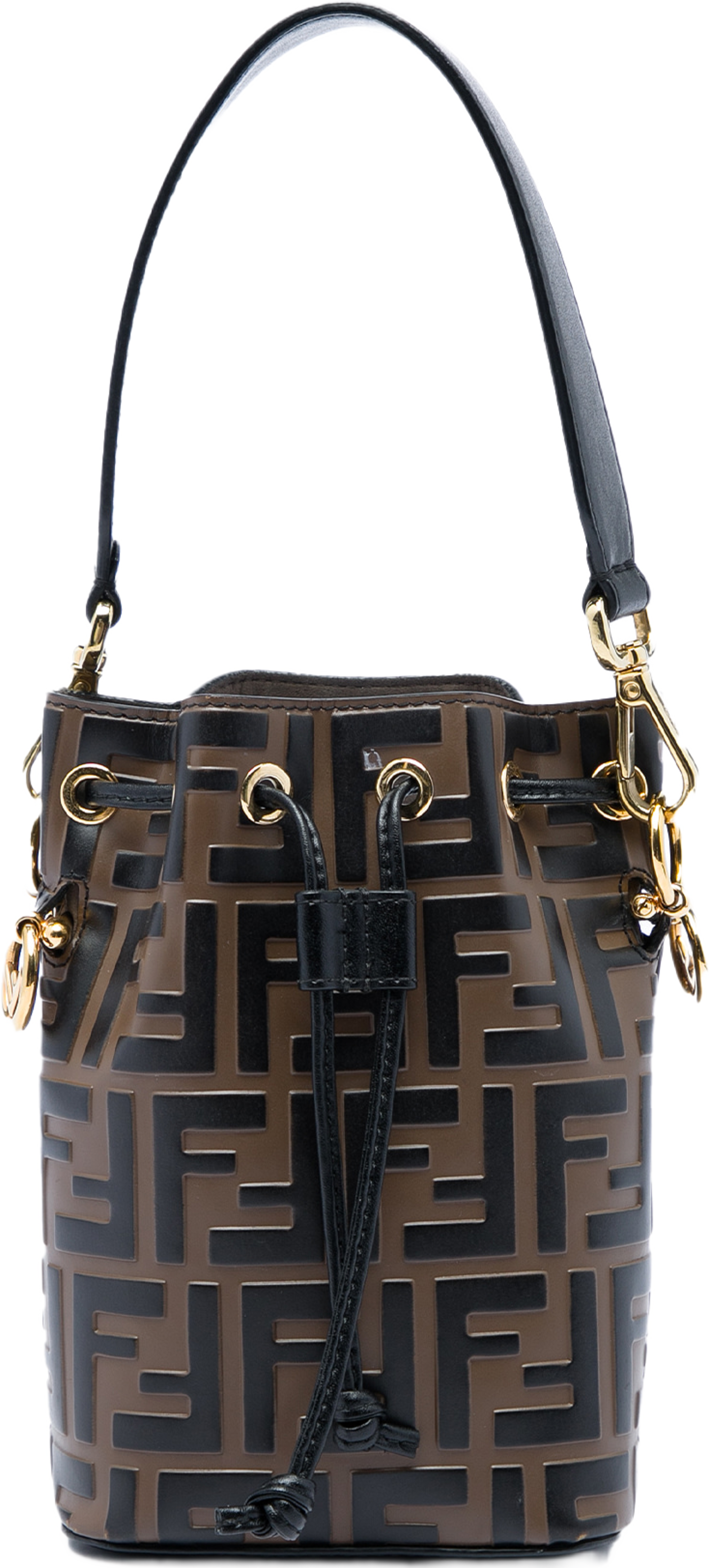 Fendi Mini Ff 1974 Embossed Leather Mon Tresor Bucket Bag, från Luxclusif, i färgen brun. Klicka för att öppna bilden i stort format