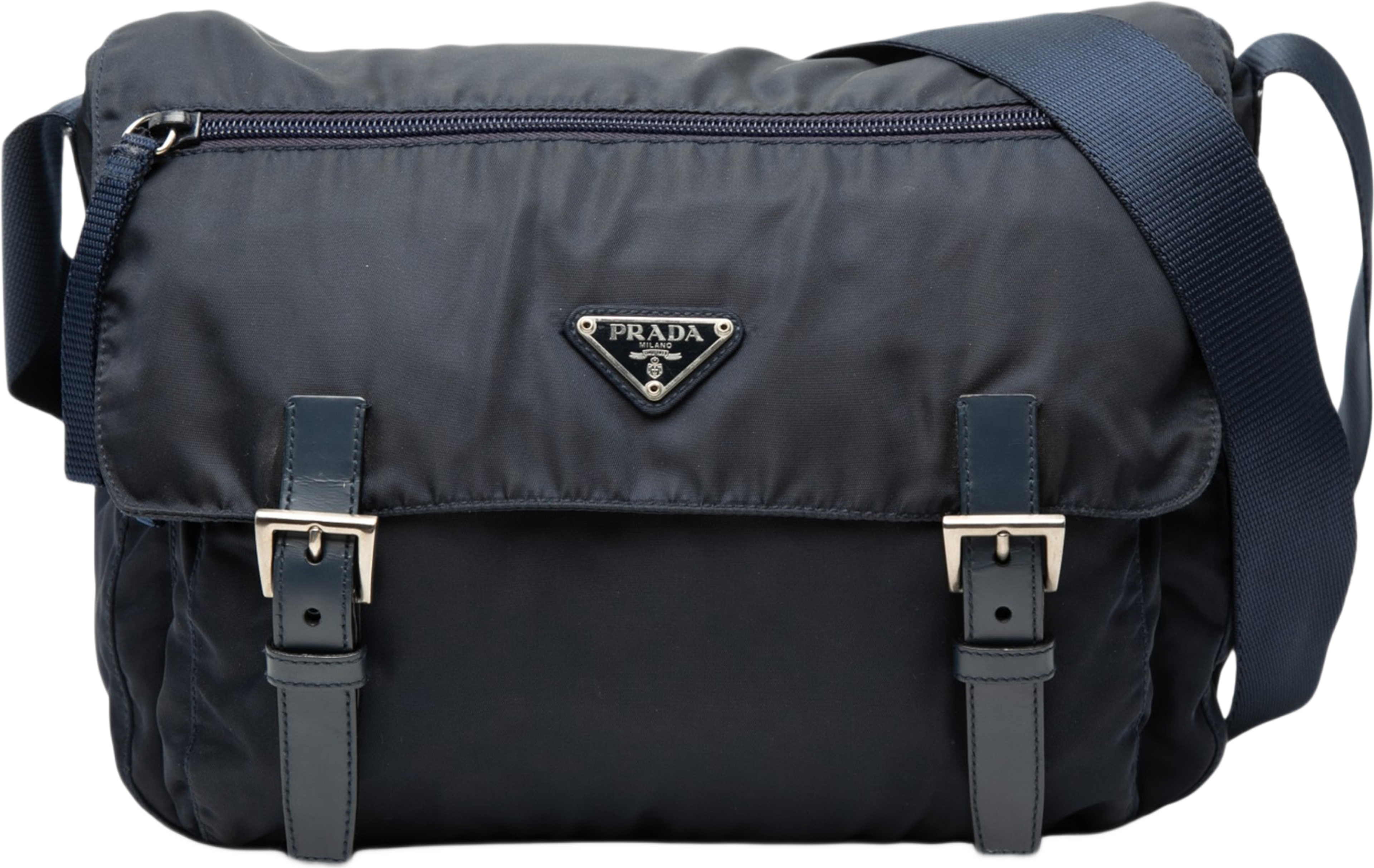 Prada Tessuto Zip Double Buckle Messenger Bag, från Luxclusif, i färgen navy. Klicka för att öppna bilden i stort format
