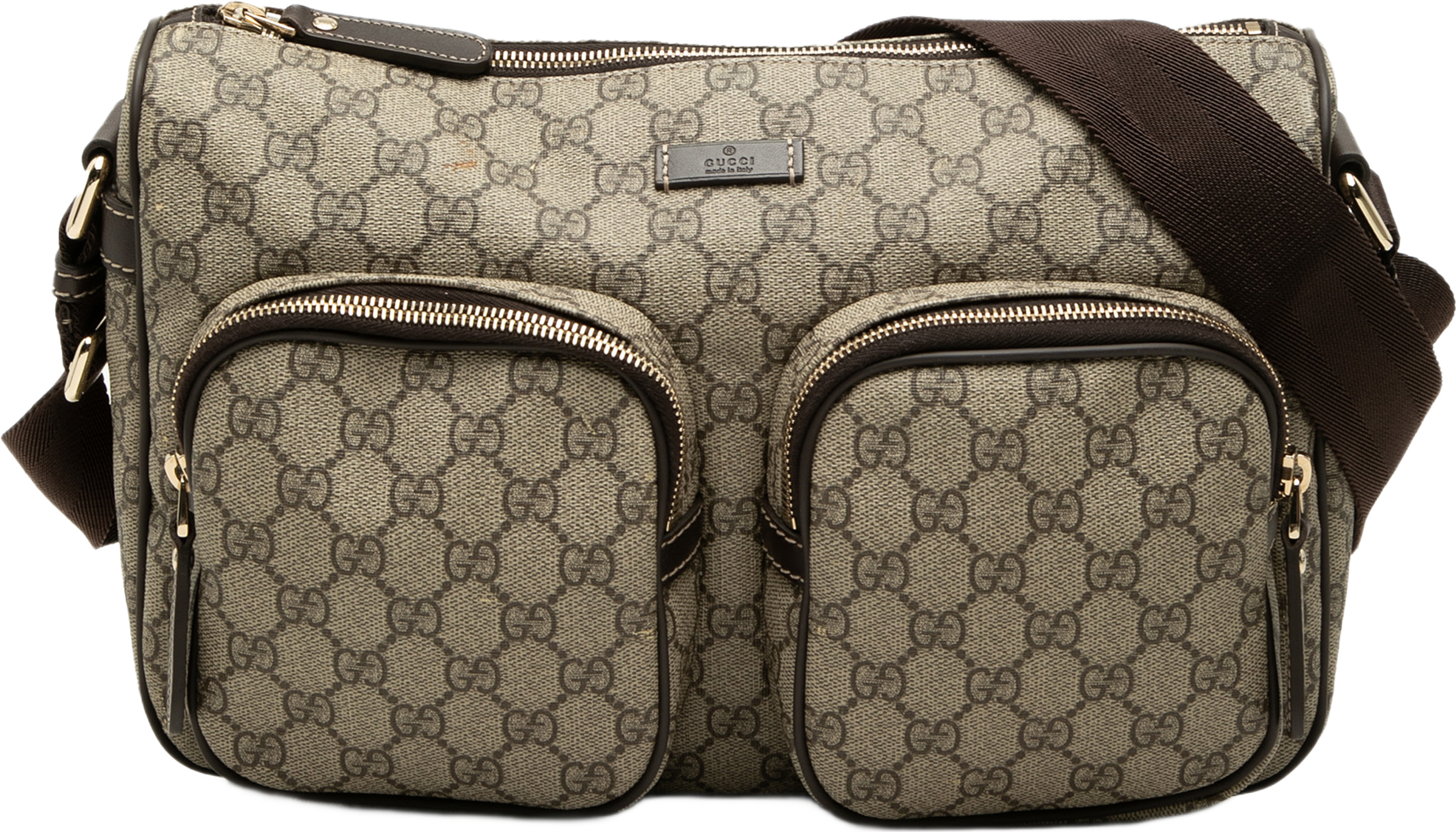 Gucci Gg Supreme Double Pocket Crossbody, från Luxclusif, i färgen beige. Klicka för att öppna bilden i stort format