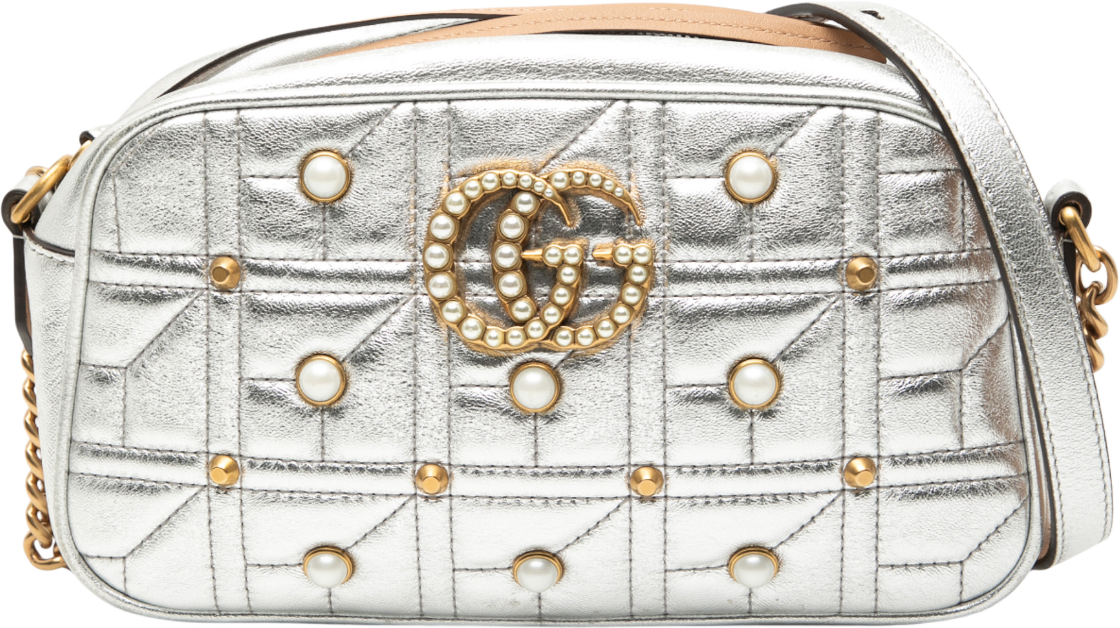 Gucci Small Gg Marmont Pearl Studded Matelasse Leather Aria Crossbody, från Luxclusif, i färgen silver. Klicka för att öppna bilden i stort format