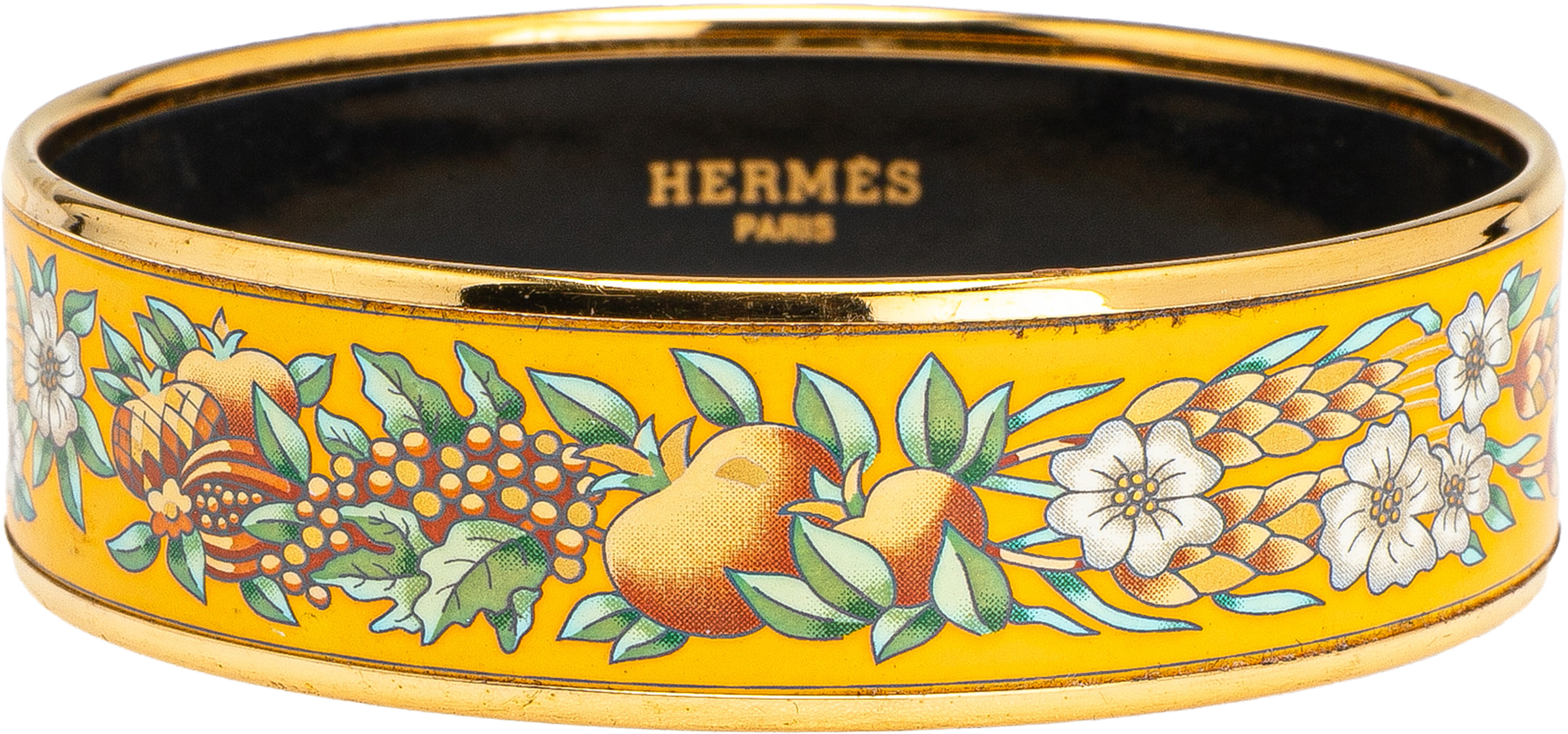 Hermès Wide Enamel Wheat And Fruits Bangle Gm, från Luxclusif, i färgen yellow. Klicka för att öppna bilden i stort format