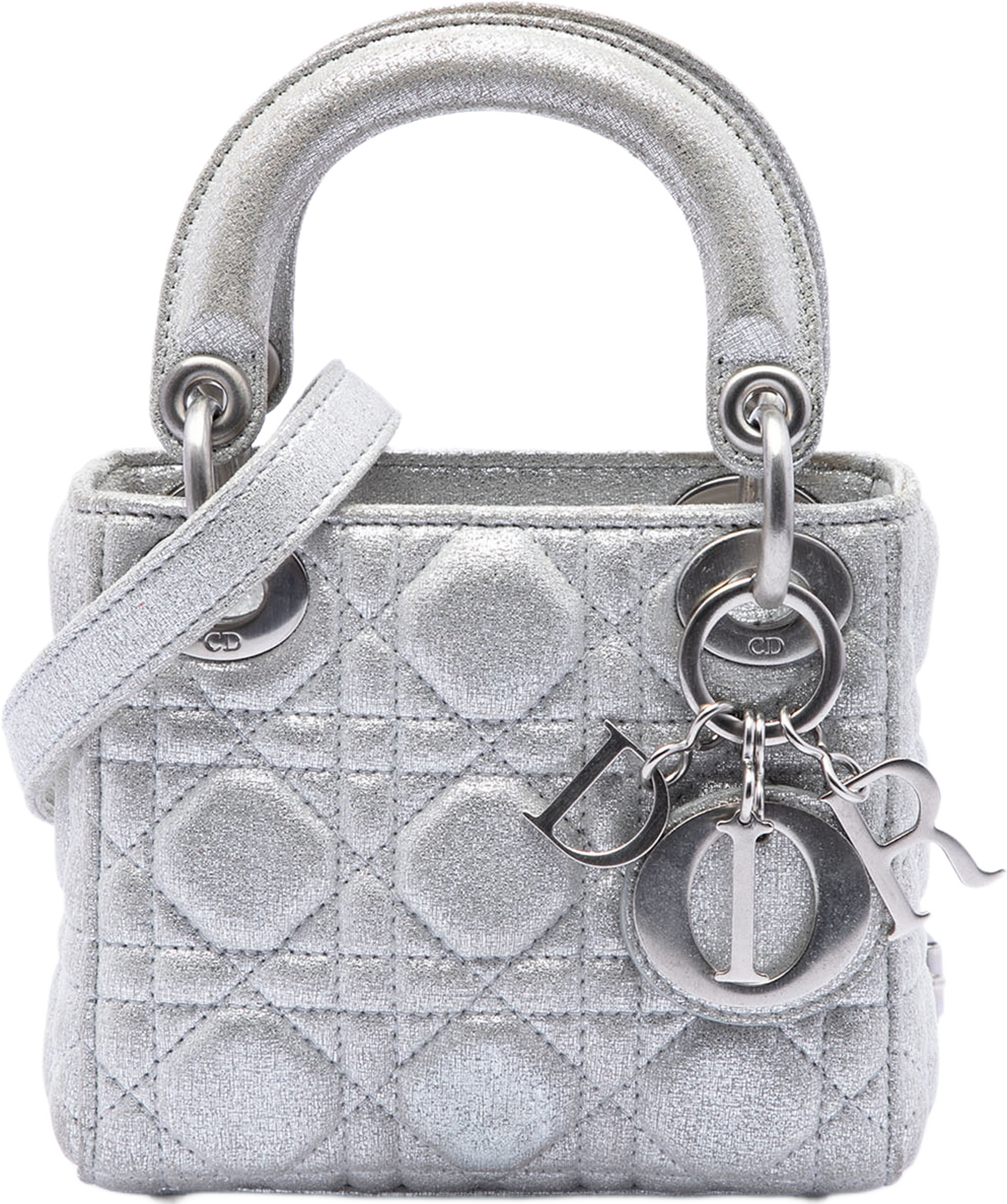 Dior Micro Metallic Calfskin Cannage Lady Dior, från Luxclusif, i färgen silver. Klicka för att öppna bilden i stort format