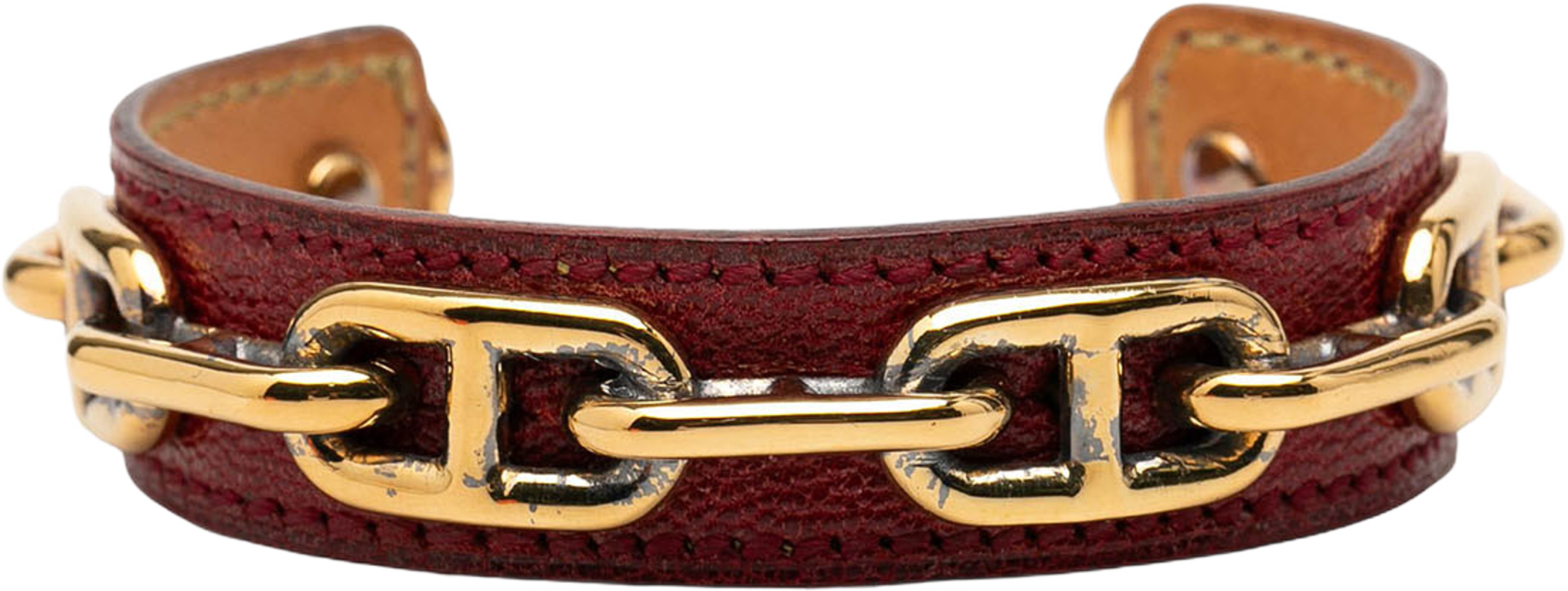 Hermès Leather And Gold Plated Chaine D Ancre Cuff Bracelet, från Luxclusif, i färgen dark red. Klicka för att öppna bilden i stort format