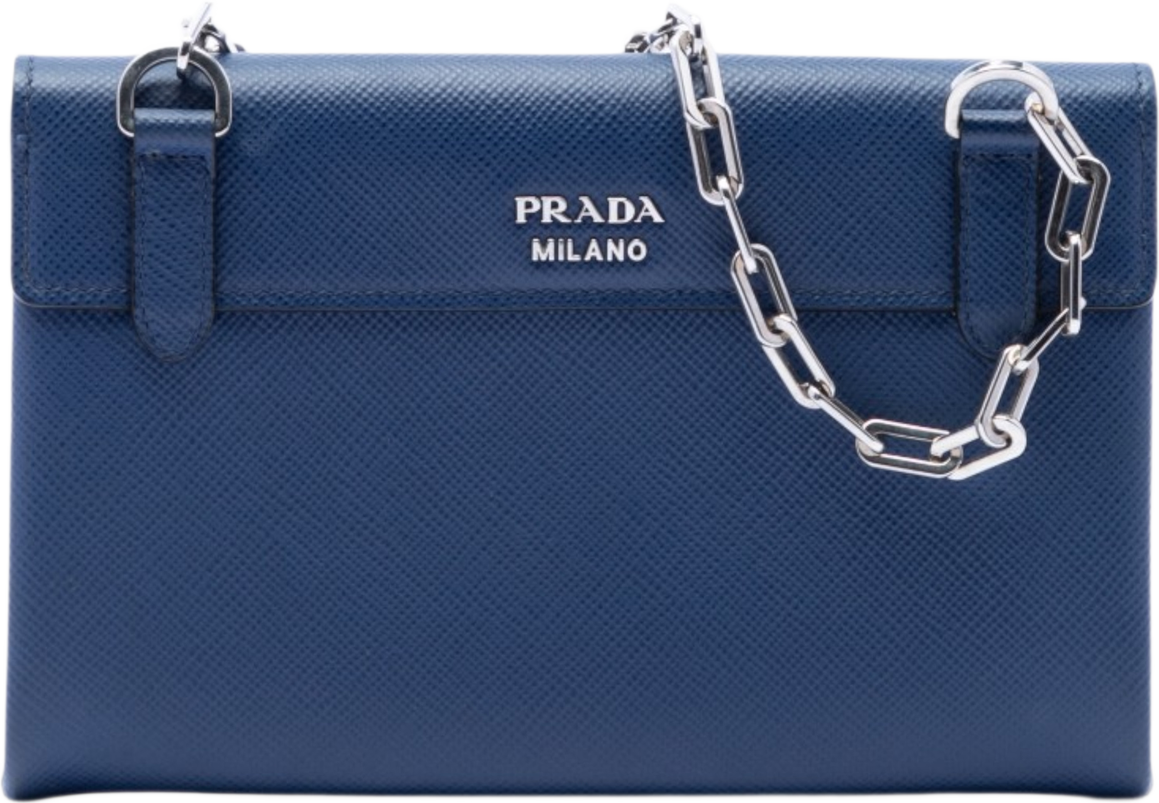 Prada Saffiano Cuir Twist Lock Chain Flap, från Luxclusif, i färgen navy. Klicka för att öppna bilden i stort format