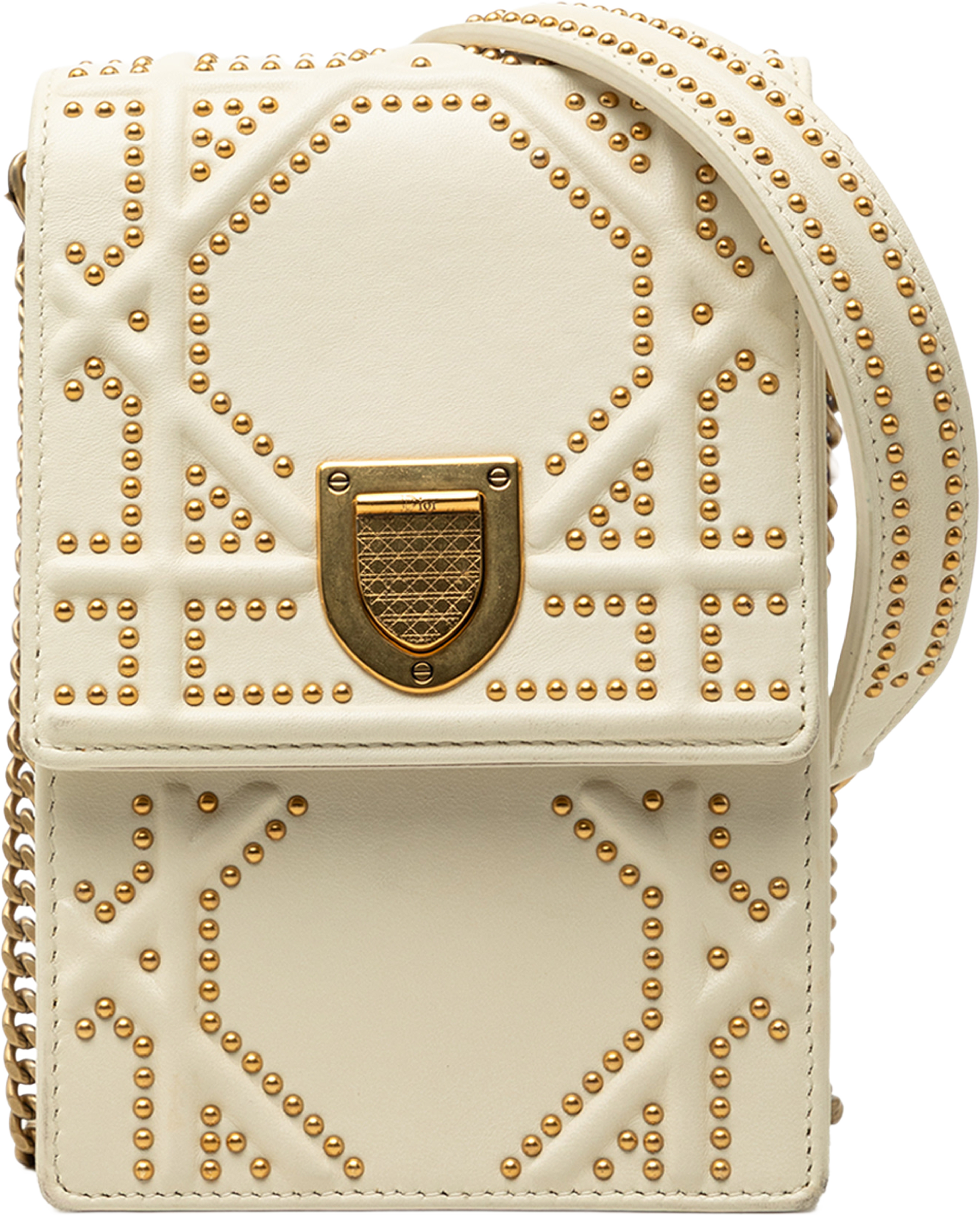 Dior Studded Lambskin Vertical Diorama Crossbody, från Luxclusif, i färgen vit. Klicka för att öppna bilden i stort format