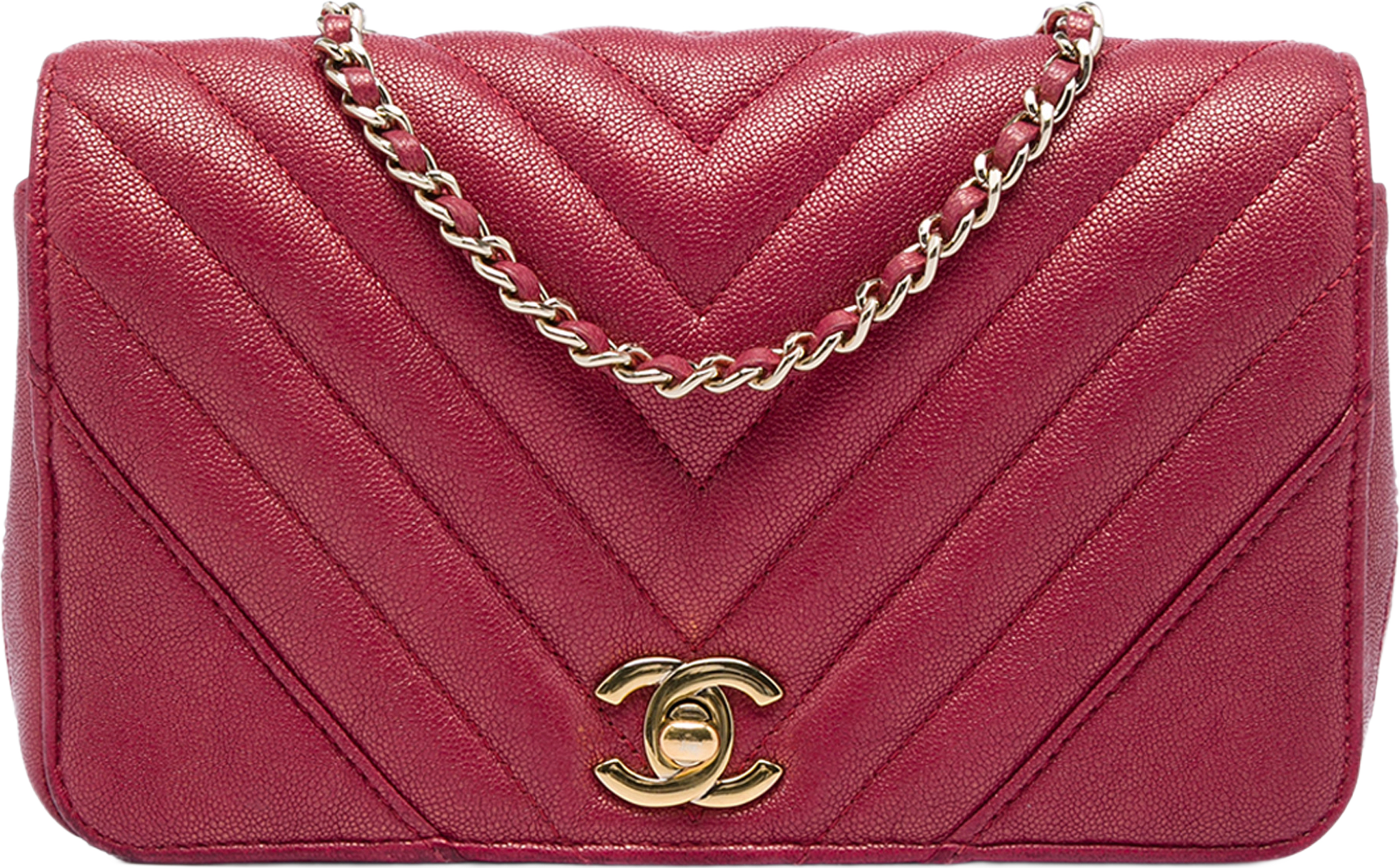 Chanel Small Chevron Iridescent Caviar Statement Flap, från Luxclusif, i färgen rosa. Klicka för att öppna bilden i stort format