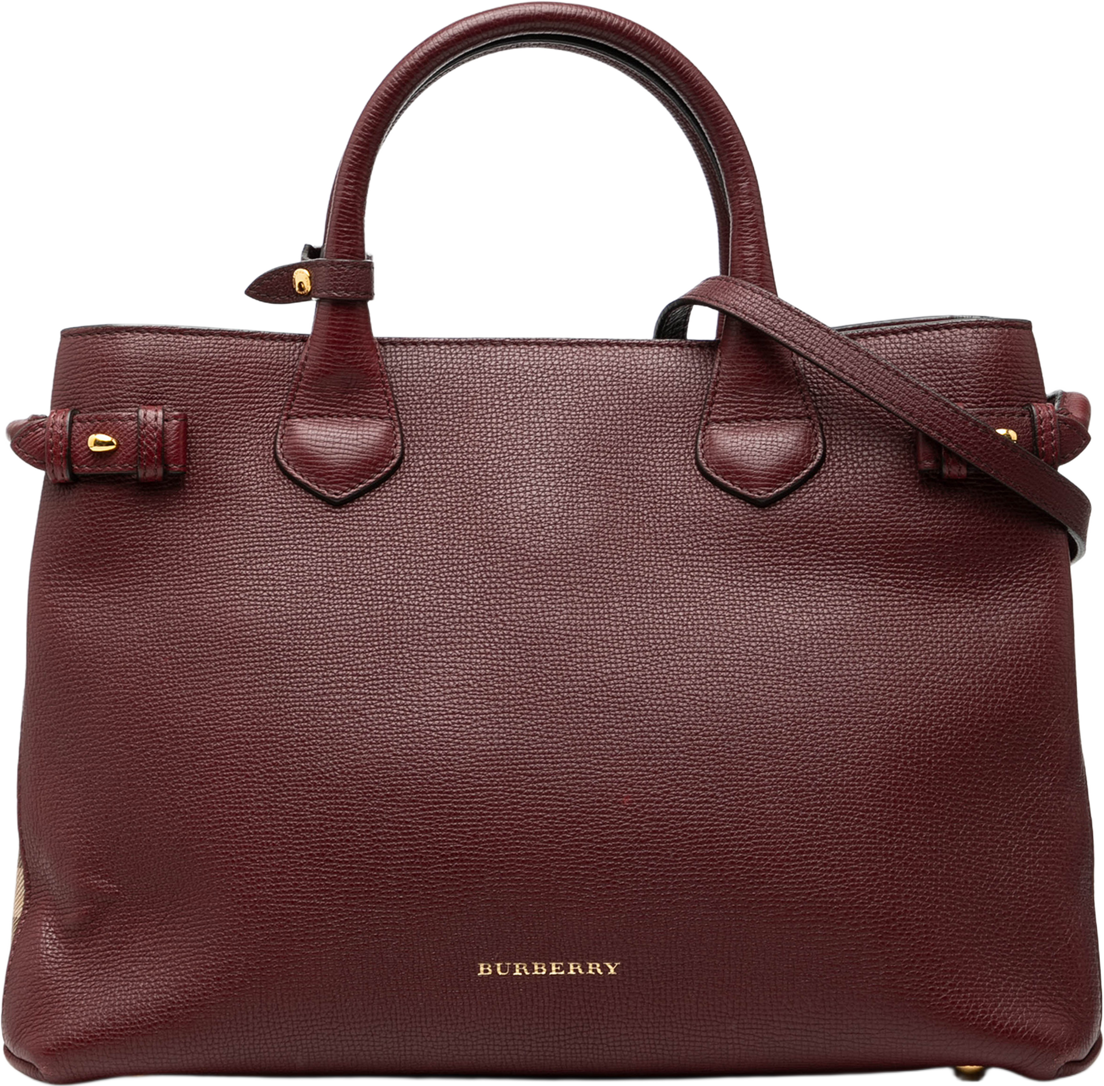 Burberry Medium Leather And House Check Banner Satchel, från Luxclusif, i färgen burgundy. Klicka för att öppna bilden i stort format