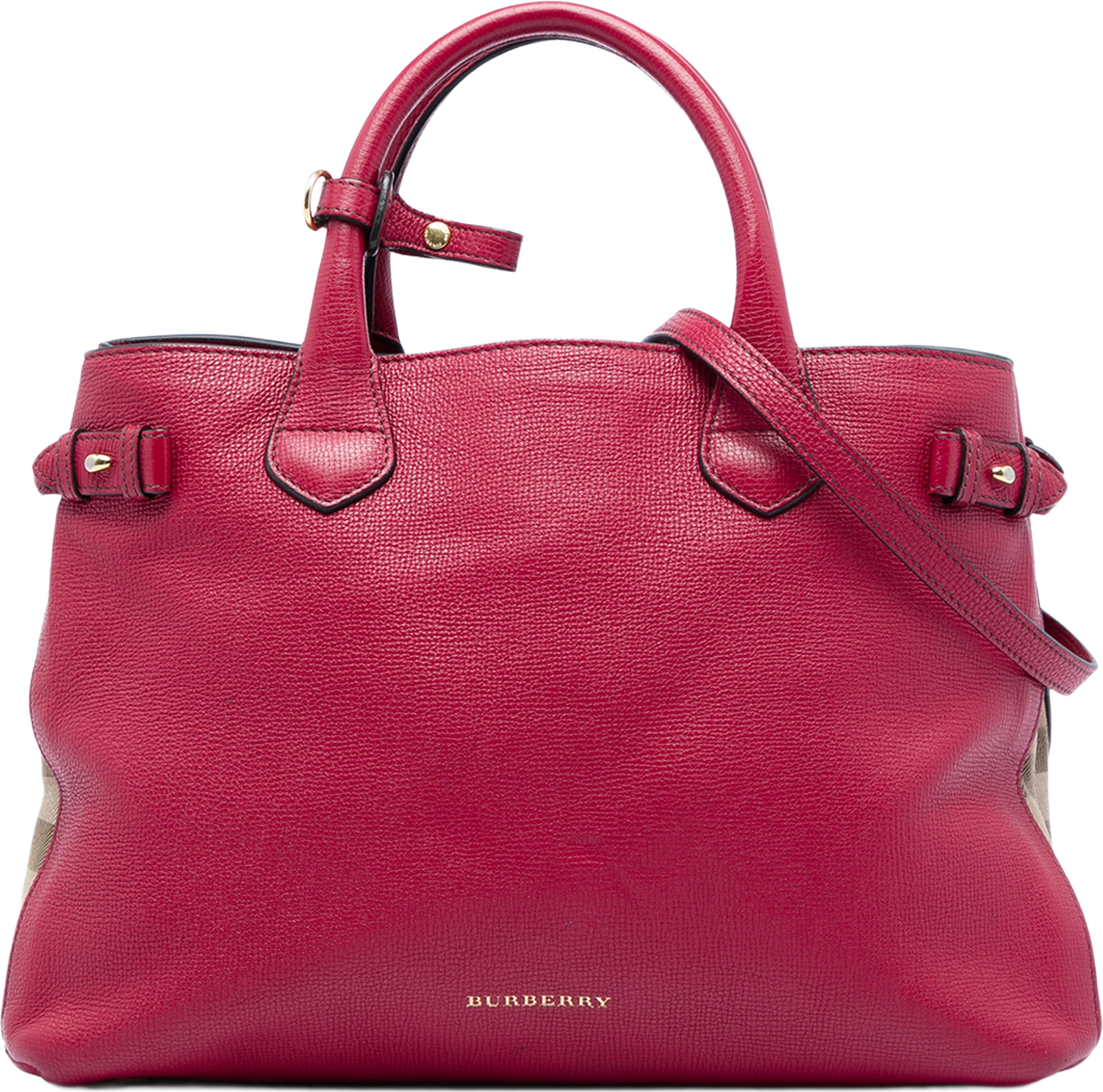 Burberry Medium Leather And House Check Canvas Banner Satchel, från Luxclusif, i färgen röd. Klicka för att öppna bilden i stort format