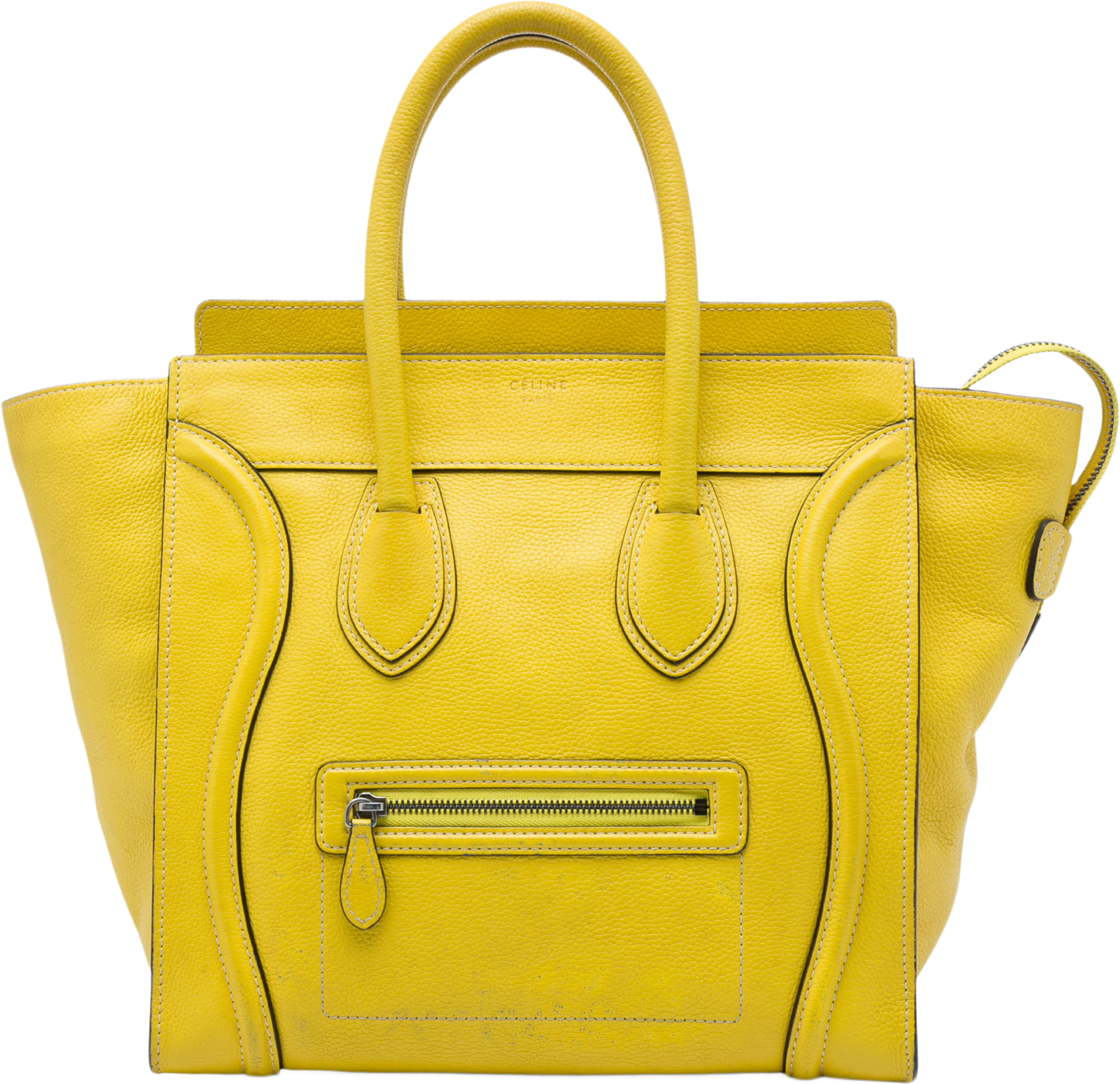 Celine Mini Grained Calfskin Luggage Tote, från Luxclusif, i färgen gul. Klicka för att öppna bilden i stort format