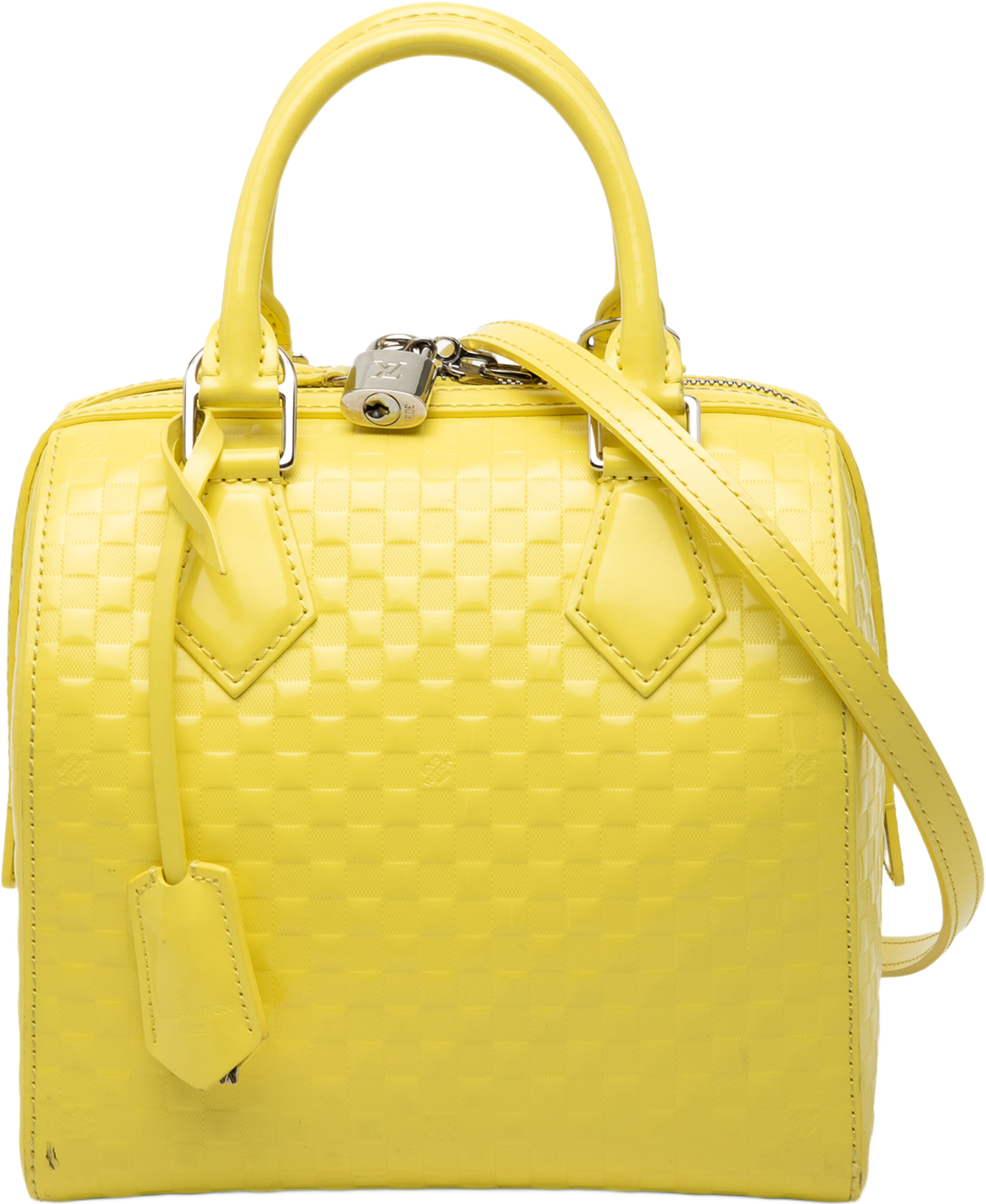 Louis Vuitton Damier Facette Speedy Cube Pm, från Luxclusif, i färgen gul. Klicka för att öppna bilden i stort format