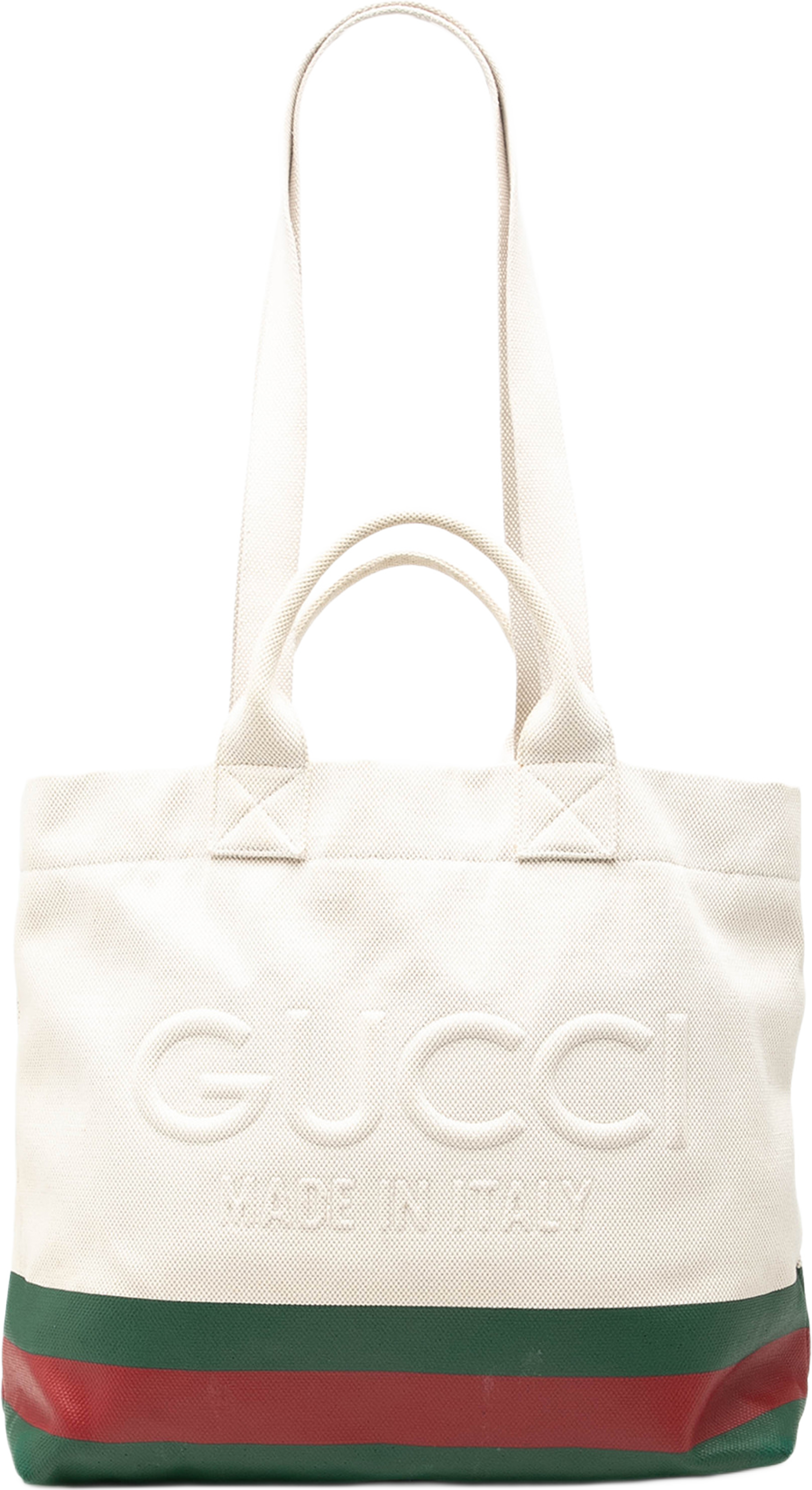 Gucci Canvas Web Embossed Logo Tote, från Luxclusif, i färgen white. Klicka för att öppna bilden i stort format
