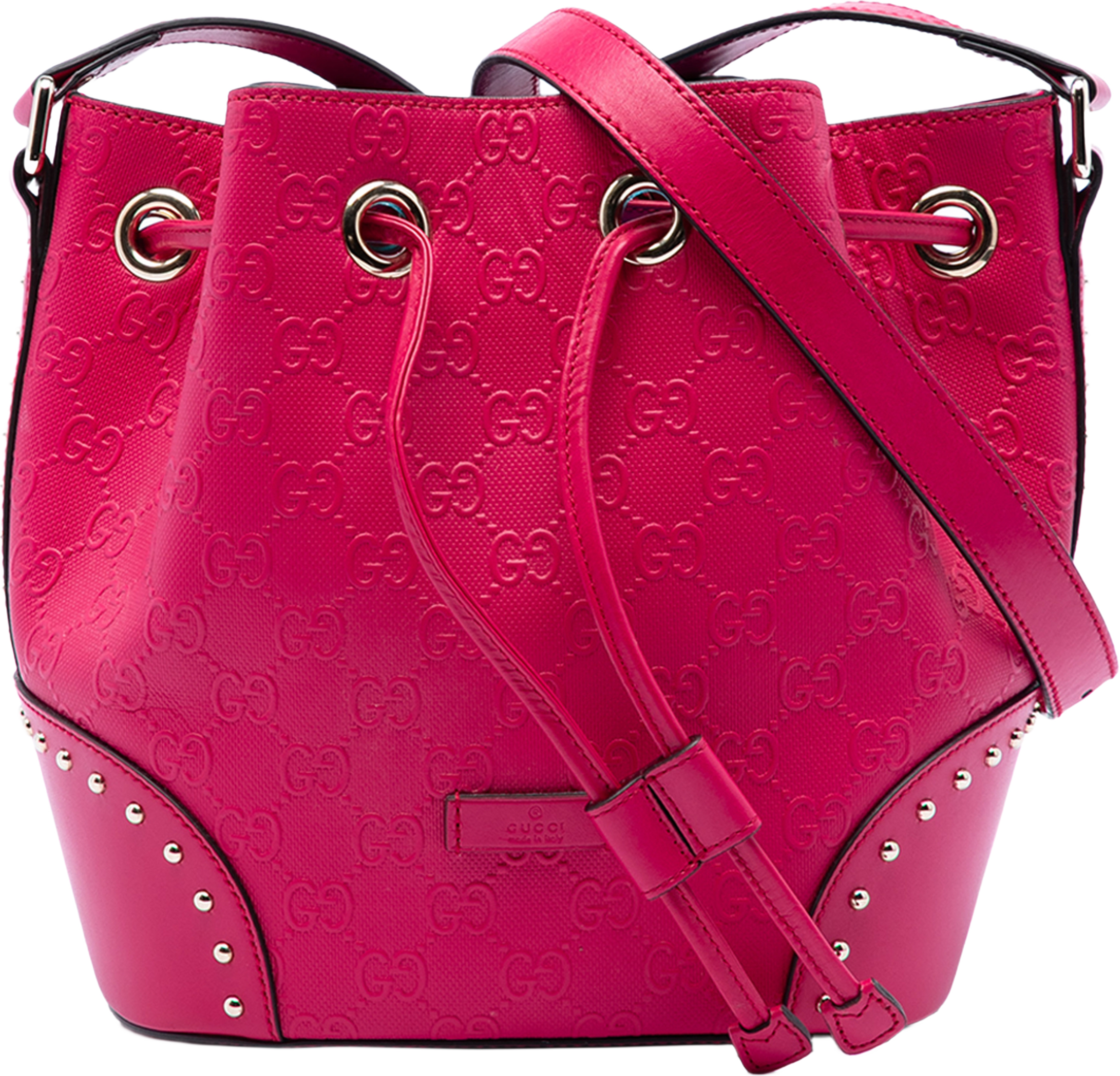 Gucci Guccissima Bright Studded Bucket Bag, från Luxclusif, i färgen rosa. Klicka för att öppna bilden i stort format