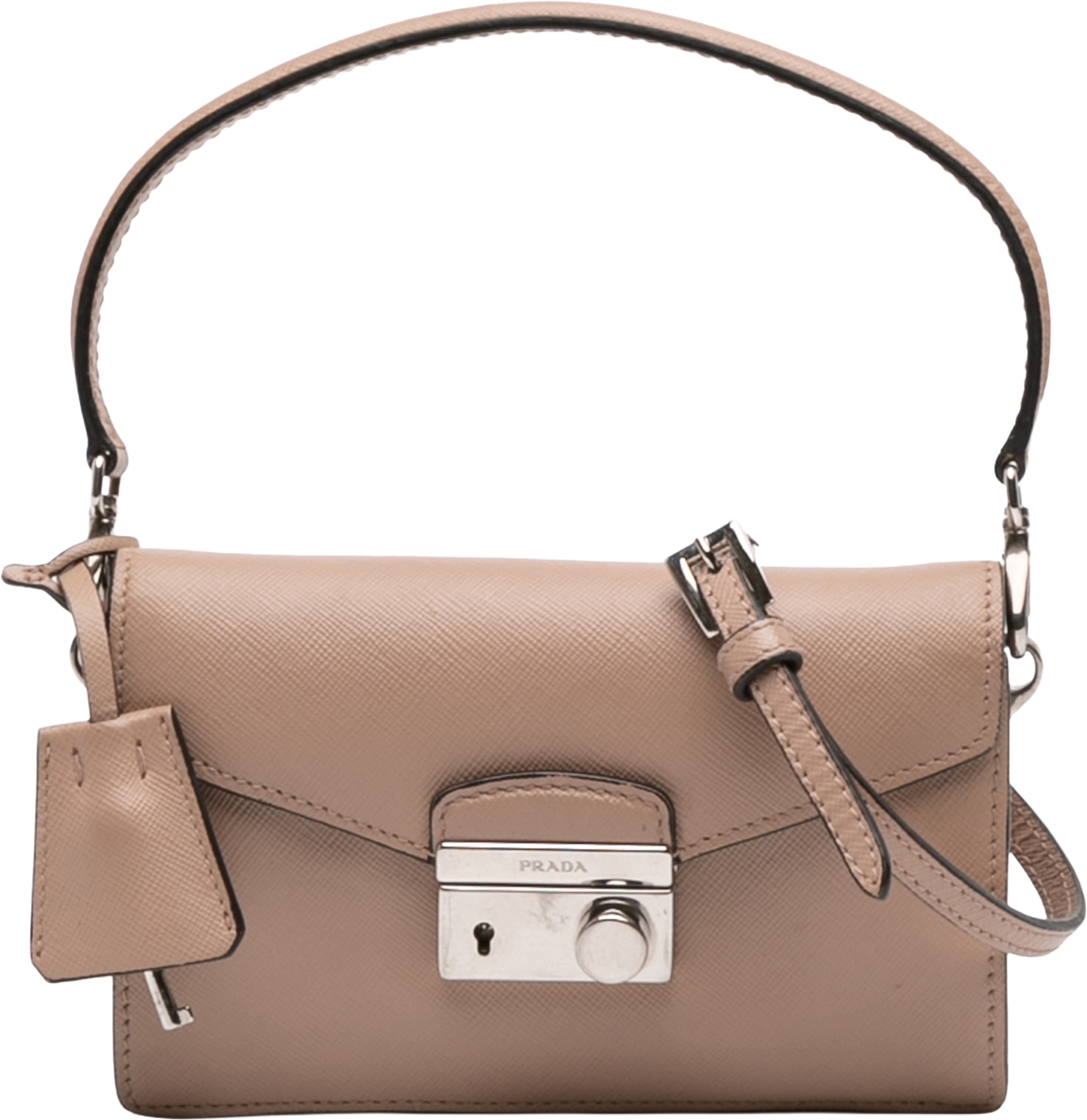 Prada Mini Saffiano Lux Sound Lock Satchel, från Luxclusif, i färgen beige. Klicka för att öppna bilden i stort format