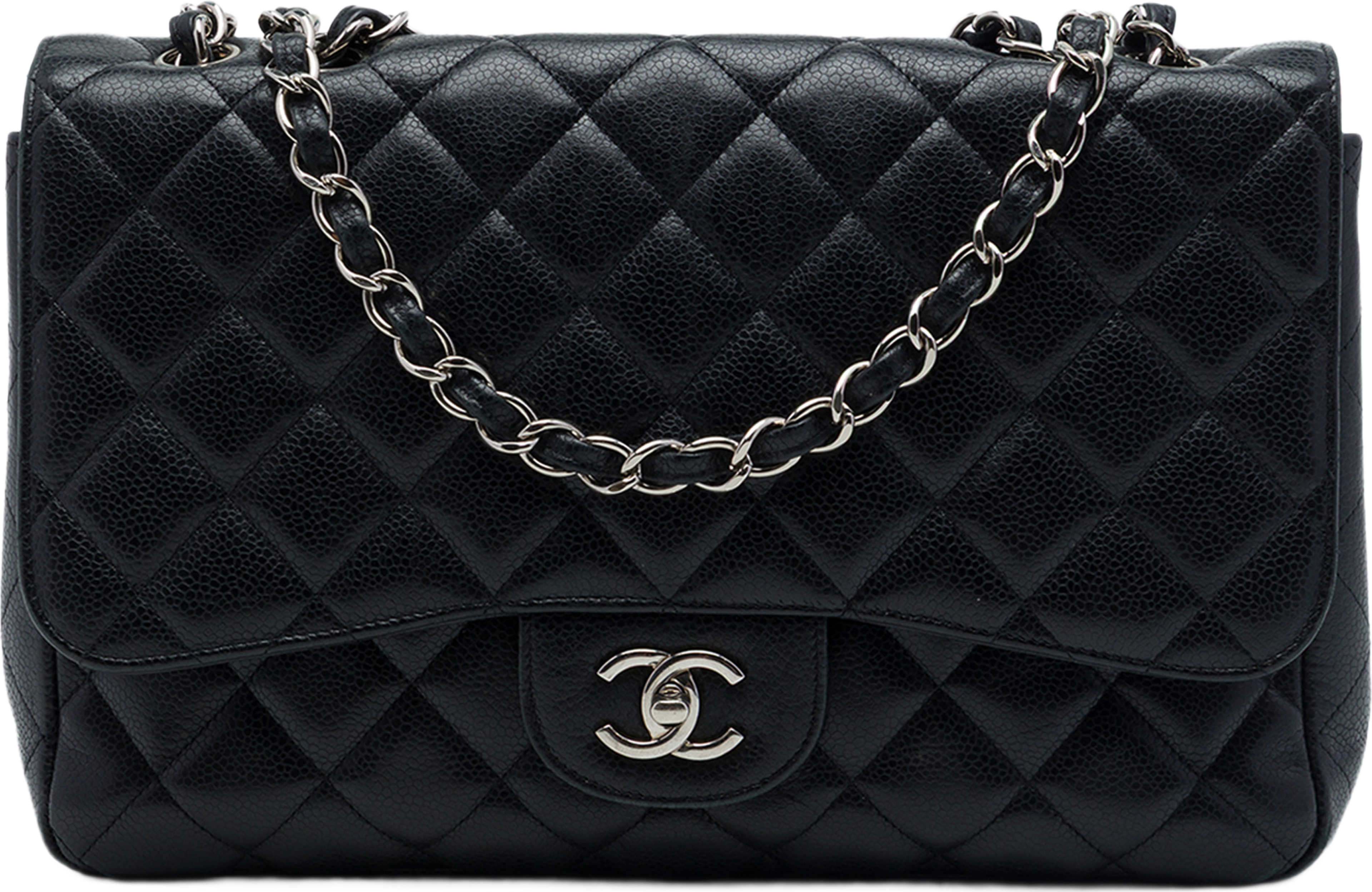 Chanel Jumbo Classic Caviar Single Flap, från Luxclusif, i färgen svart. Klicka för att öppna bilden i stort format