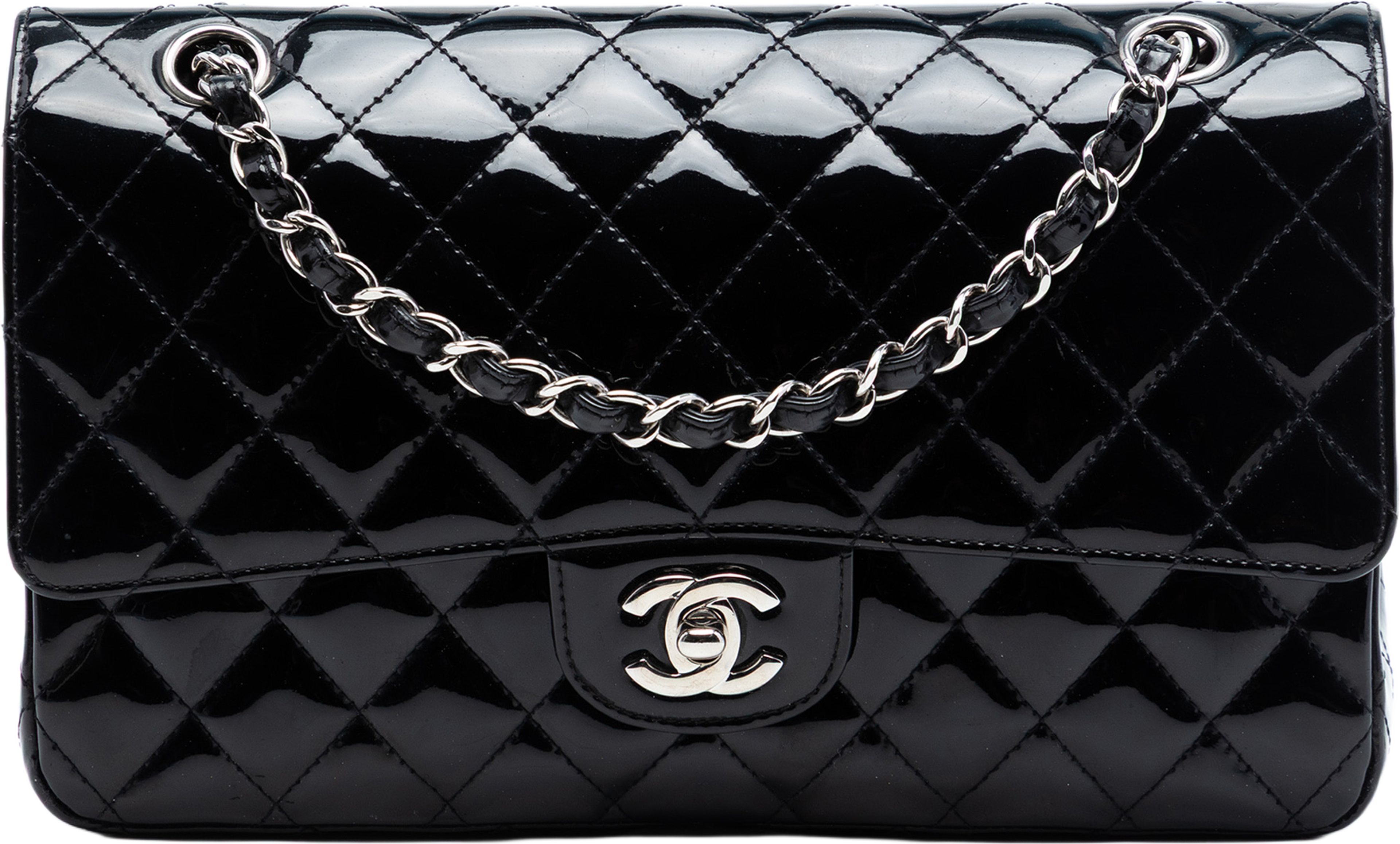 Chanel Medium Classic Patent Double Flap, från Luxclusif, i färgen black. Klicka för att öppna bilden i stort format