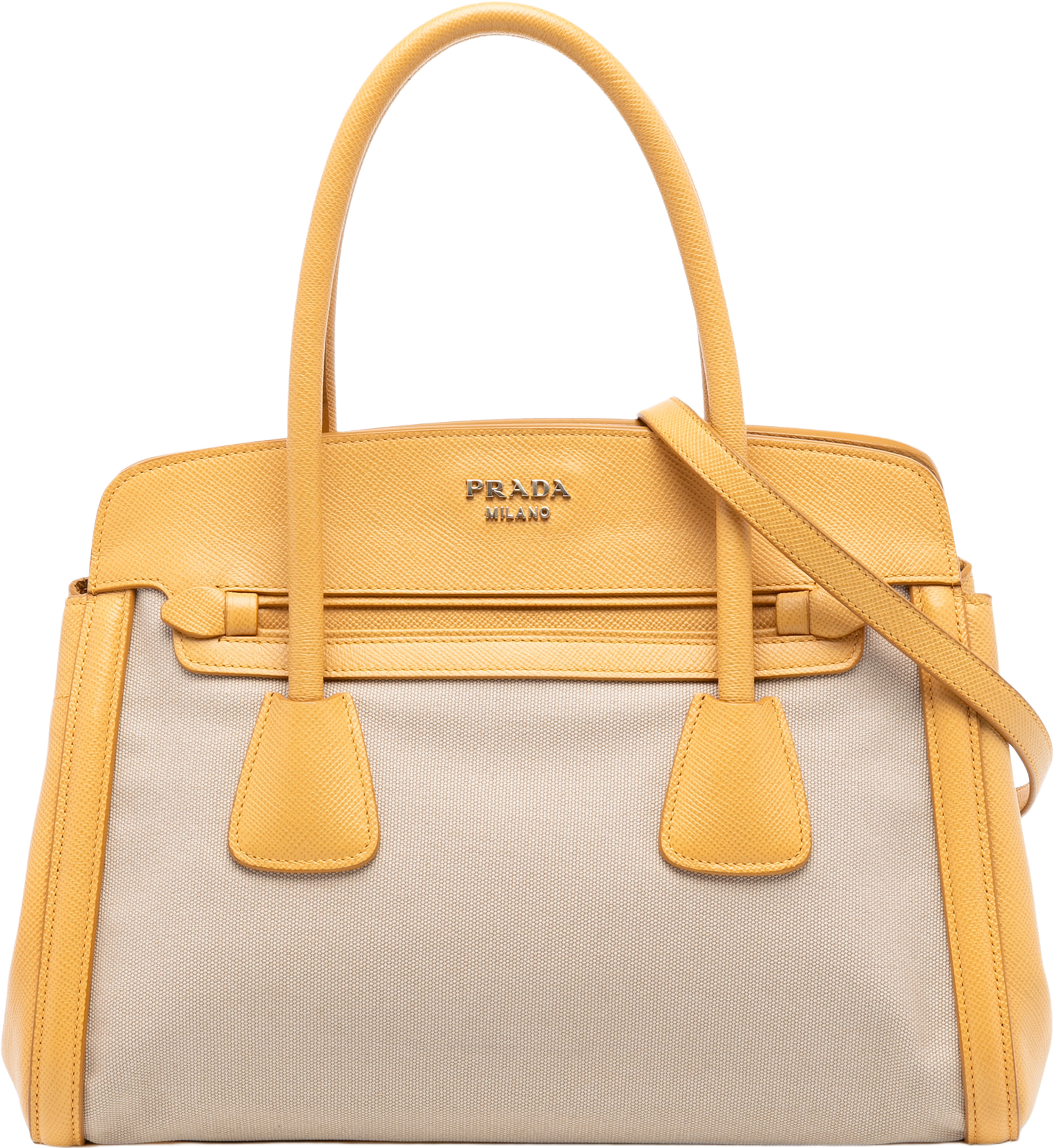Prada Saffiano Cuir Trimmed Canapa Satchel, från Luxclusif, i färgen beige. Klicka för att öppna bilden i stort format