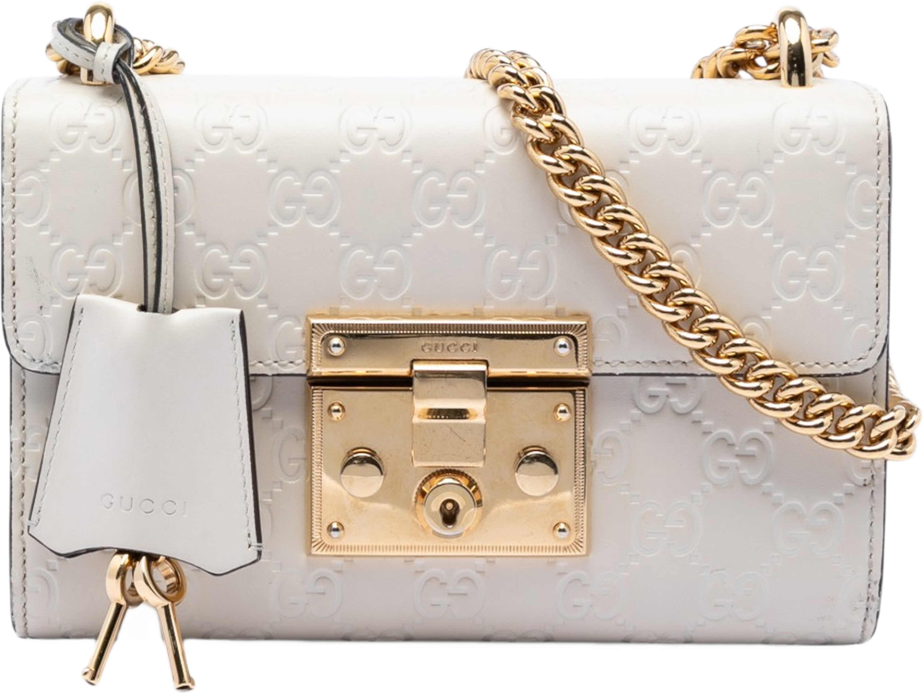 Gucci Small Guccissima Padlock Crossbody, från Luxclusif, i färgen white. Klicka för att öppna bilden i stort format