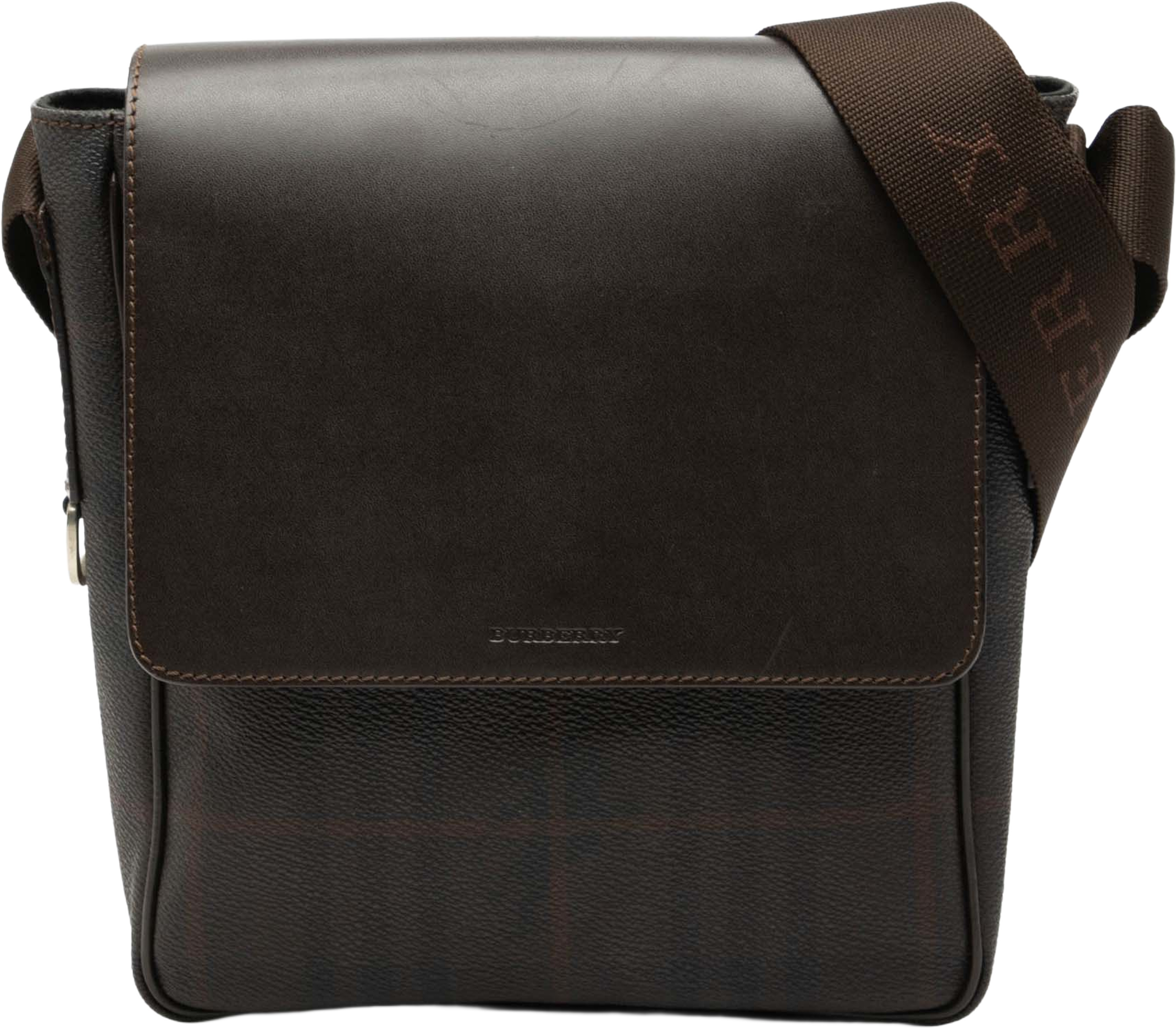 Burberry Smoke Check Coated Canvas And Leather Crossbody, från Luxclusif, i färgen dark brown. Klicka för att öppna bilden i stort format