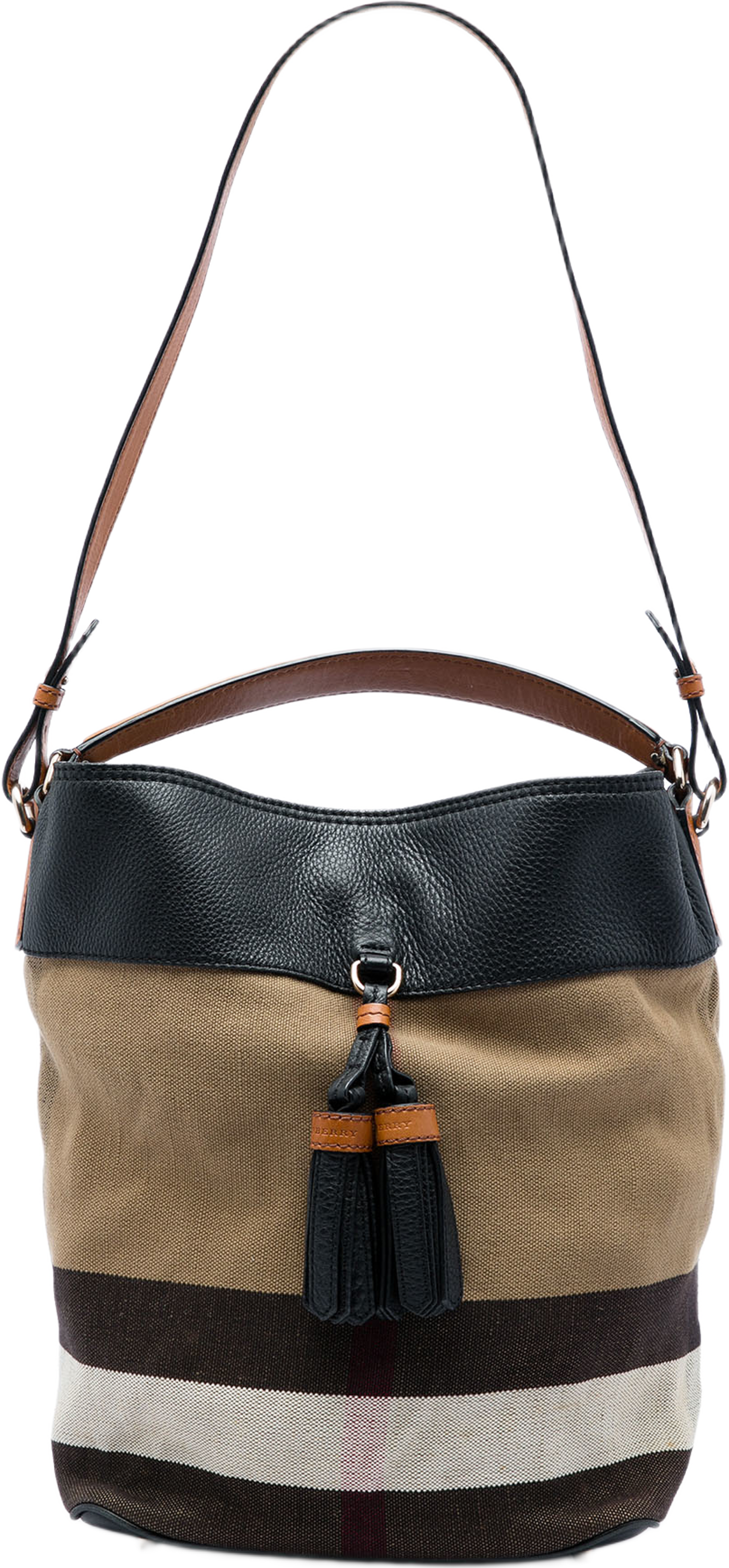 Burberry Medium Mega Check Canvas And Grained Calfskin Ashby Tassel Bucket Bag, från Luxclusif, i färgen brun. Klicka för att öppna bilden i stort format