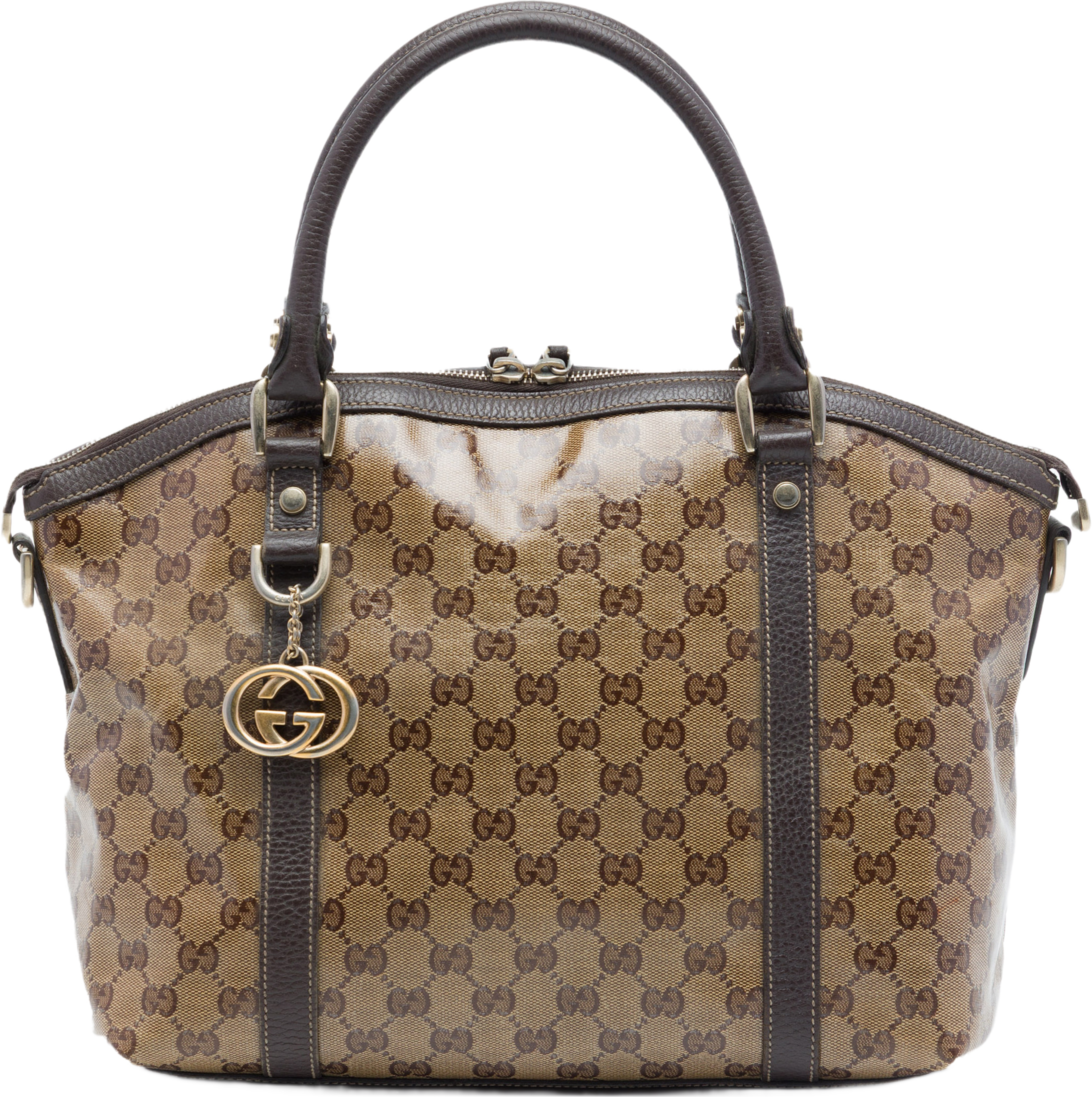 Gucci Medium Gg Crystal Charm Dome Satchel, från Luxclusif, i färgen beige. Klicka för att öppna bilden i stort format