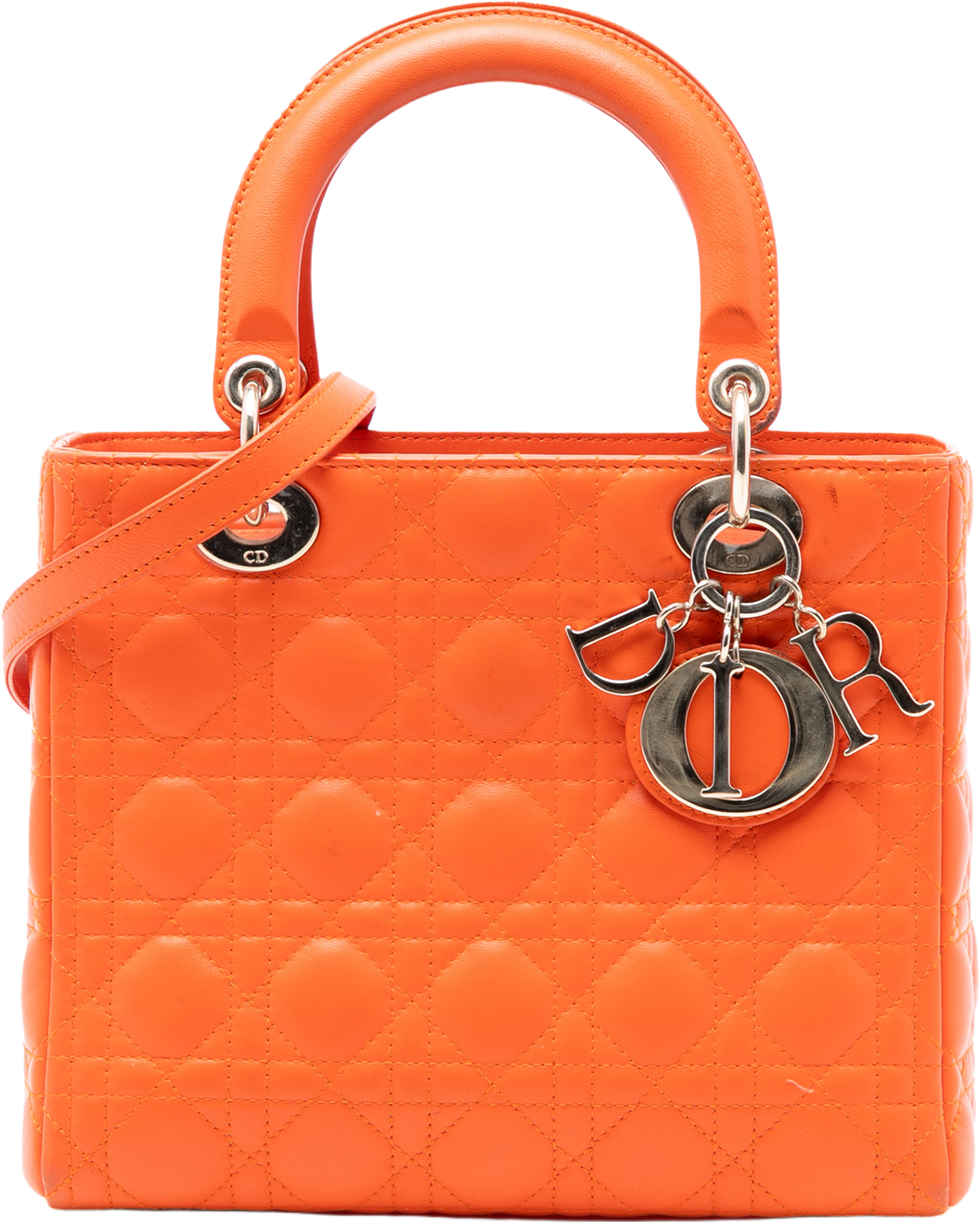 Dior Medium Lambskin Cannage Lady Dior, från Luxclusif, i färgen orange. Klicka för att öppna bilden i stort format