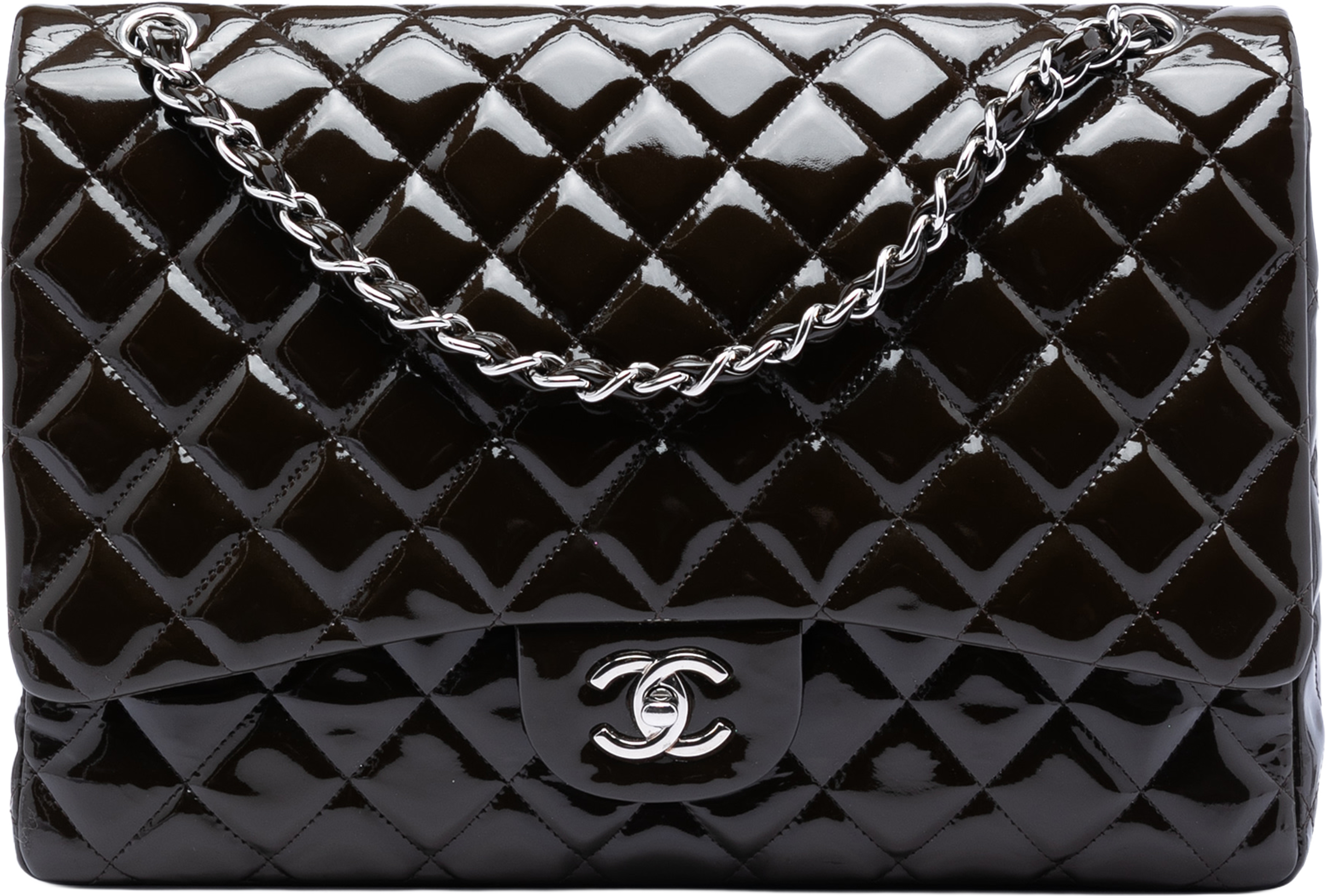 Chanel Maxi Classic Patent Double Flap, från Luxclusif, i färgen dark brown. Klicka för att öppna bilden i stort format