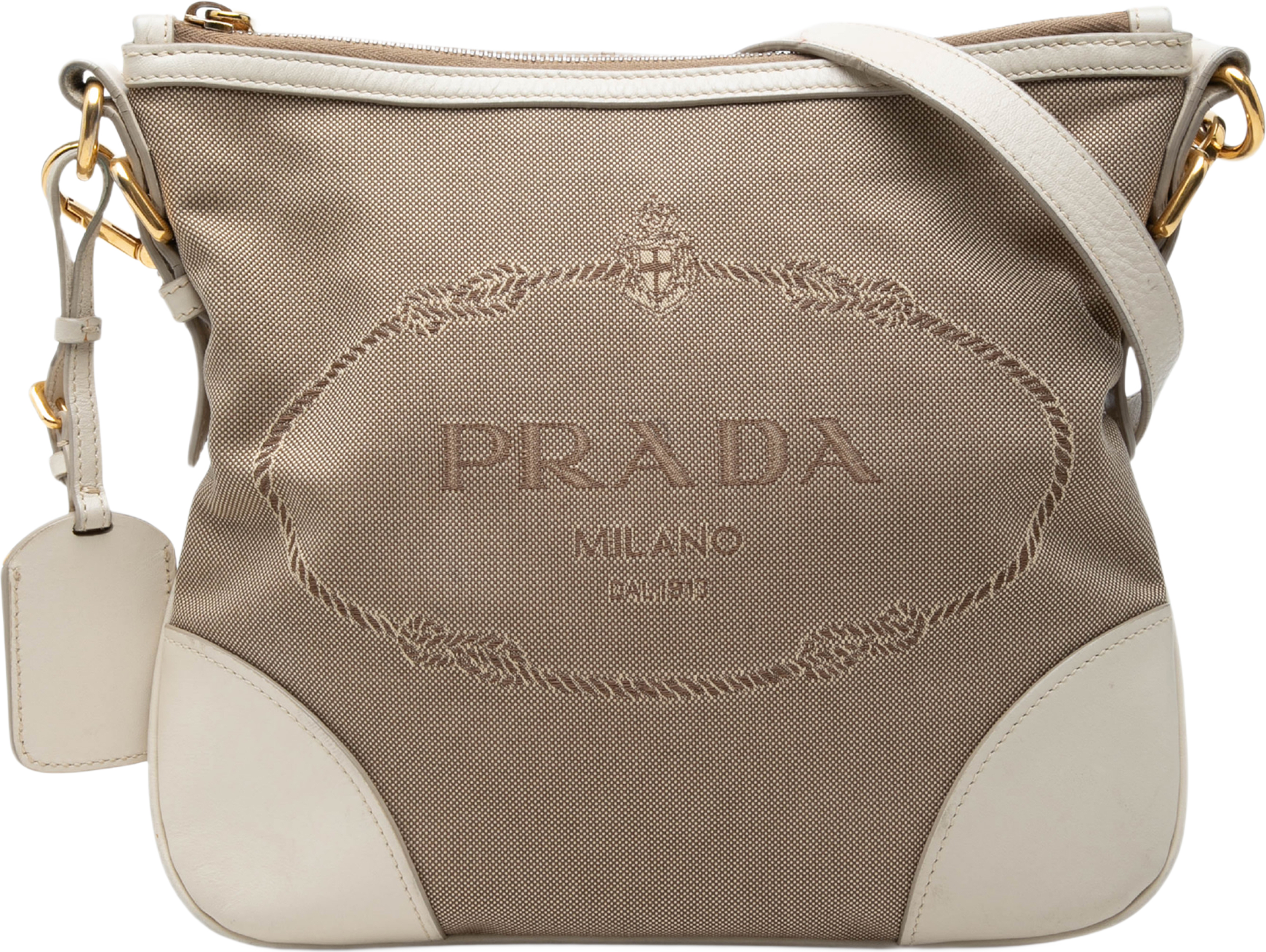 Prada Canvas Canapa Logo Crossbody, från Luxclusif, i färgen beige. Klicka för att öppna bilden i stort format