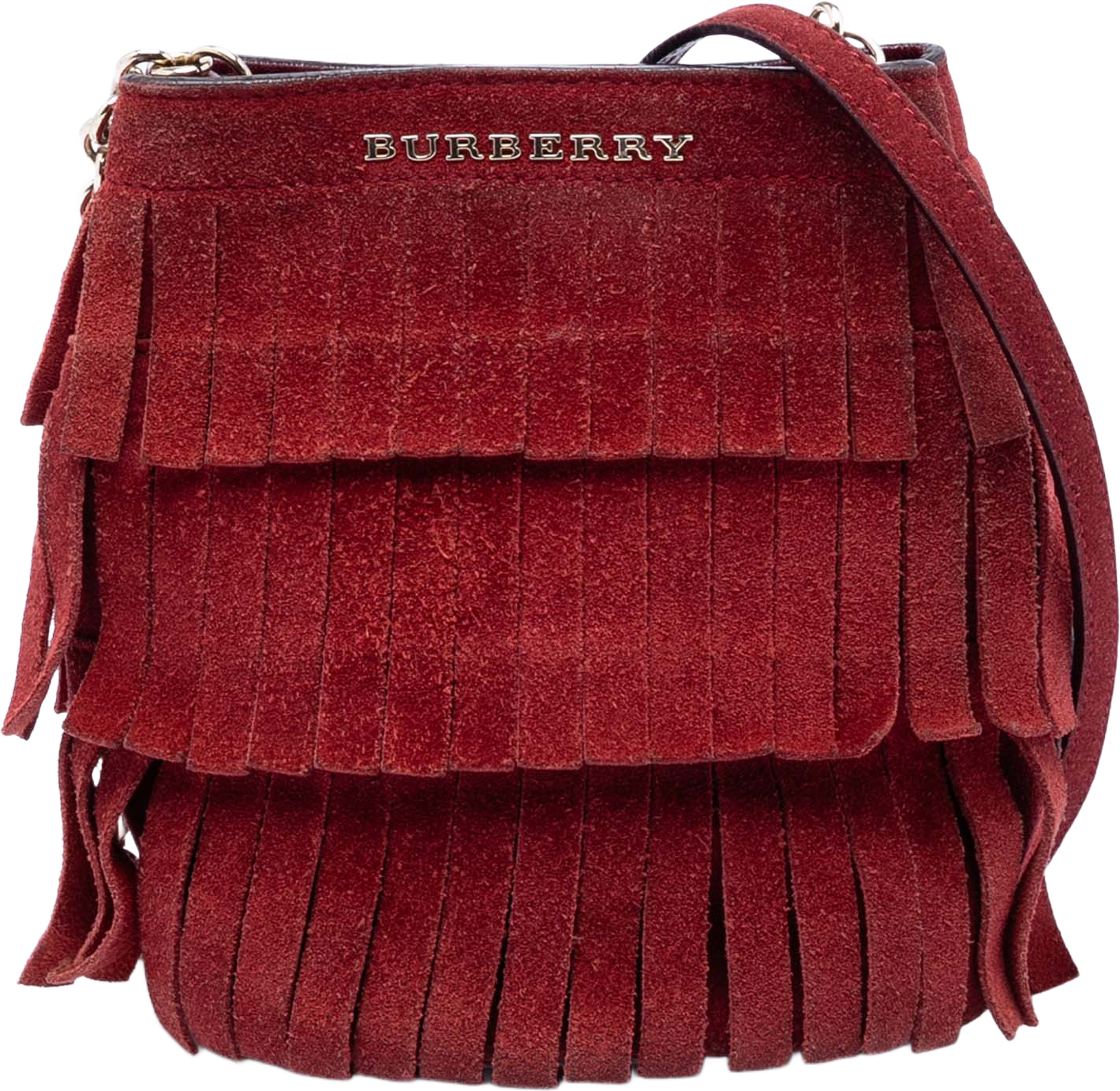 Burberry Mini Suede Fringe Bucket Bag, från Luxclusif, i färgen burgundy. Klicka för att öppna bilden i stort format