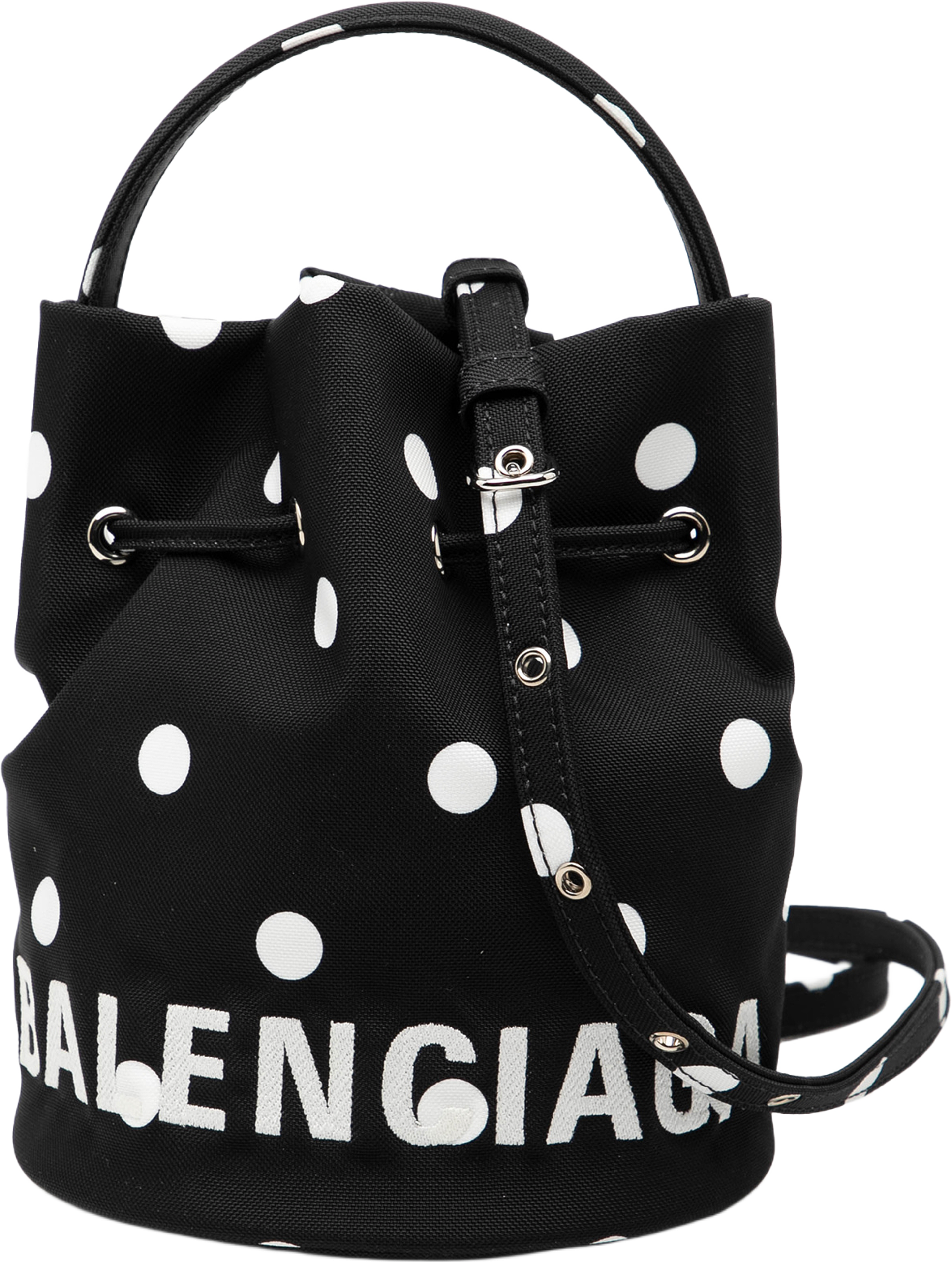 Balenciaga Nylon Dots Wheel Xs Bucket Bag, från Luxclusif, i färgen black. Klicka för att öppna bilden i stort format