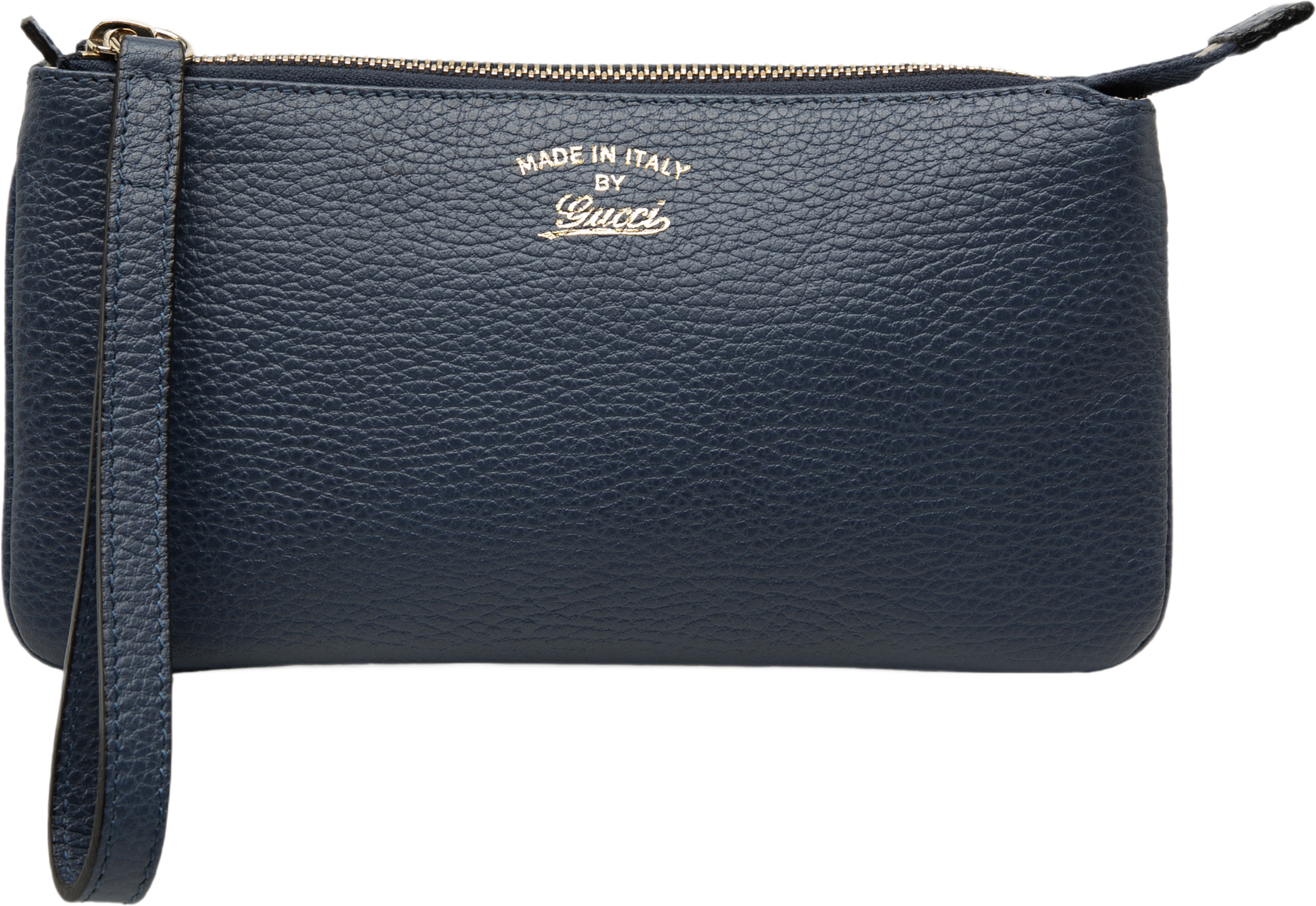 Gucci Pebbled Leather Swing Wristlet Pouch, från Luxclusif, i färgen navy. Klicka för att öppna bilden i stort format