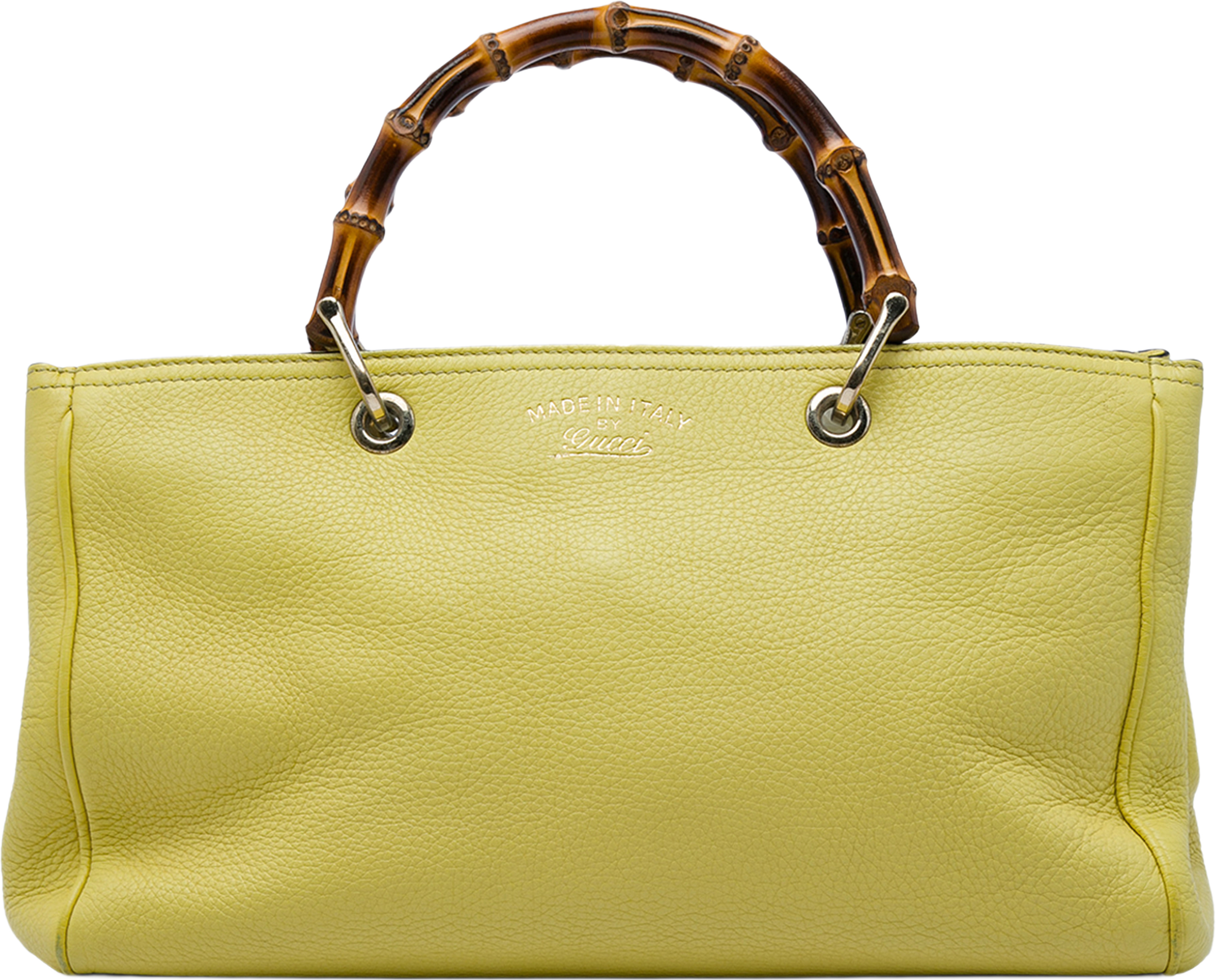 Gucci Medium Calfskin Bamboo Shopper Satchel, från Luxclusif, i färgen gul. Klicka för att öppna bilden i stort format
