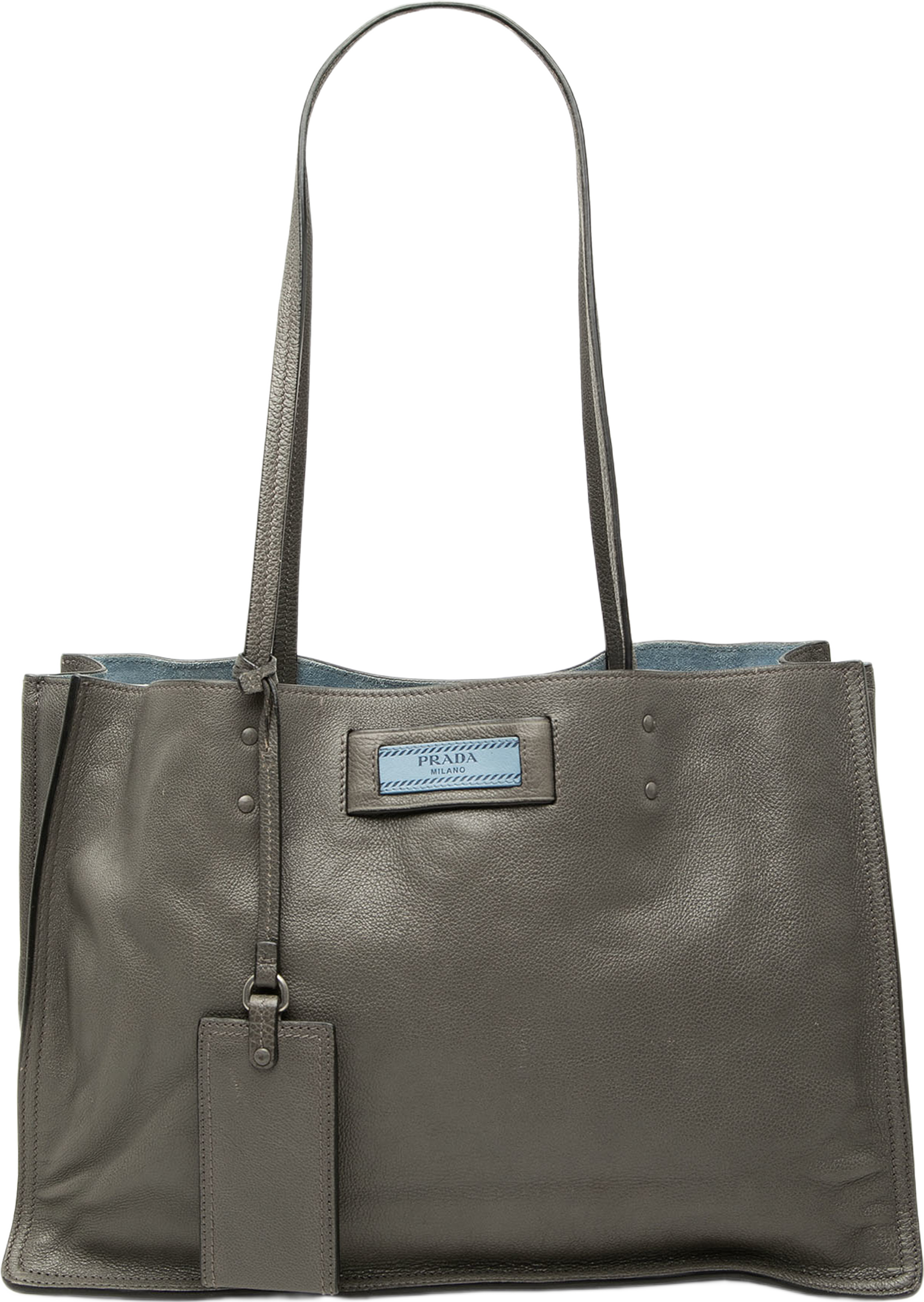 Prada Glace Calf Etiquette Tote, från Luxclusif, i färgen grå. Klicka för att öppna bilden i stort format
