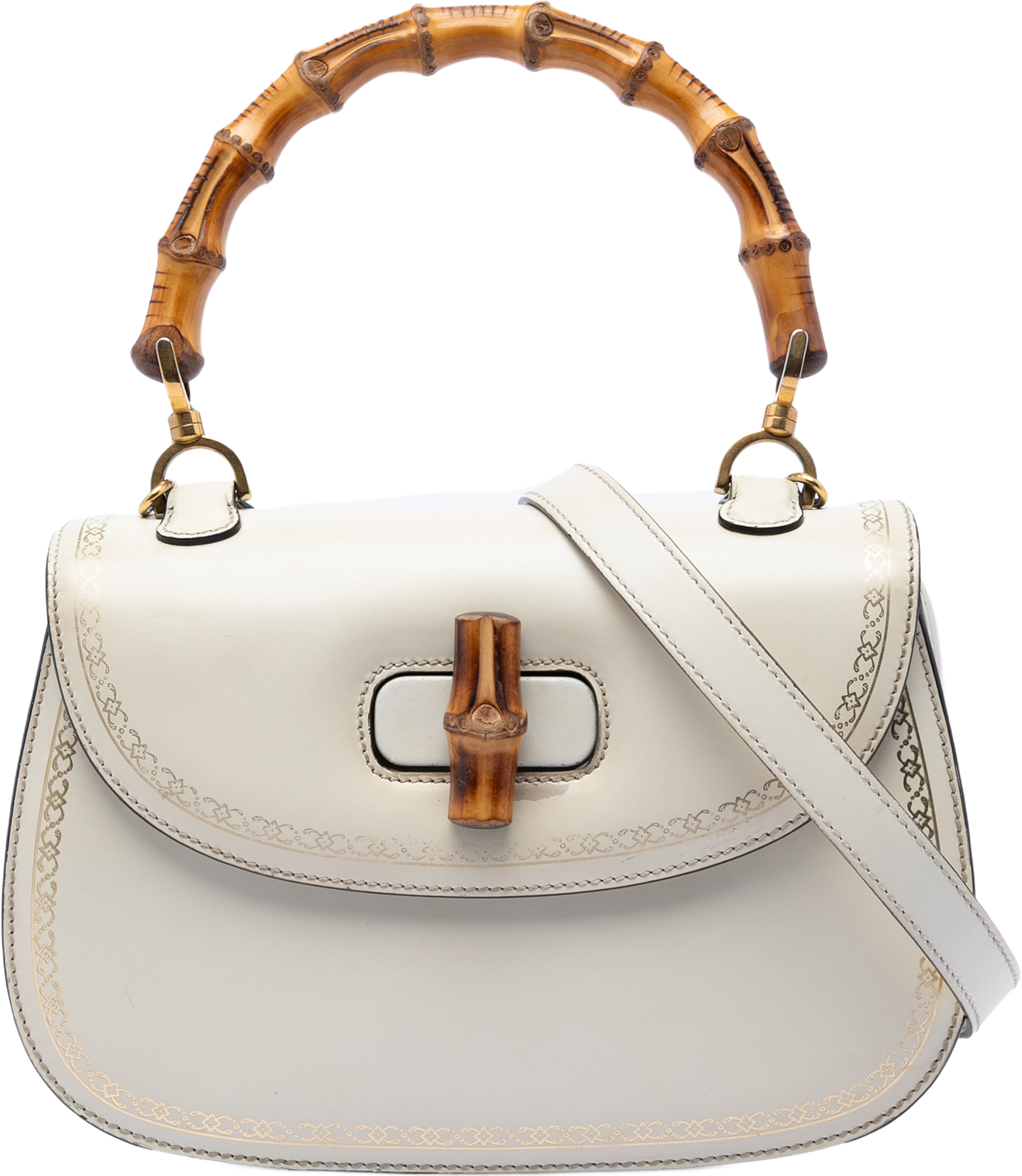 Gucci Calfskin Frame Print Bamboo Top Handle Bag, från Luxclusif, i färgen white. Klicka för att öppna bilden i stort format