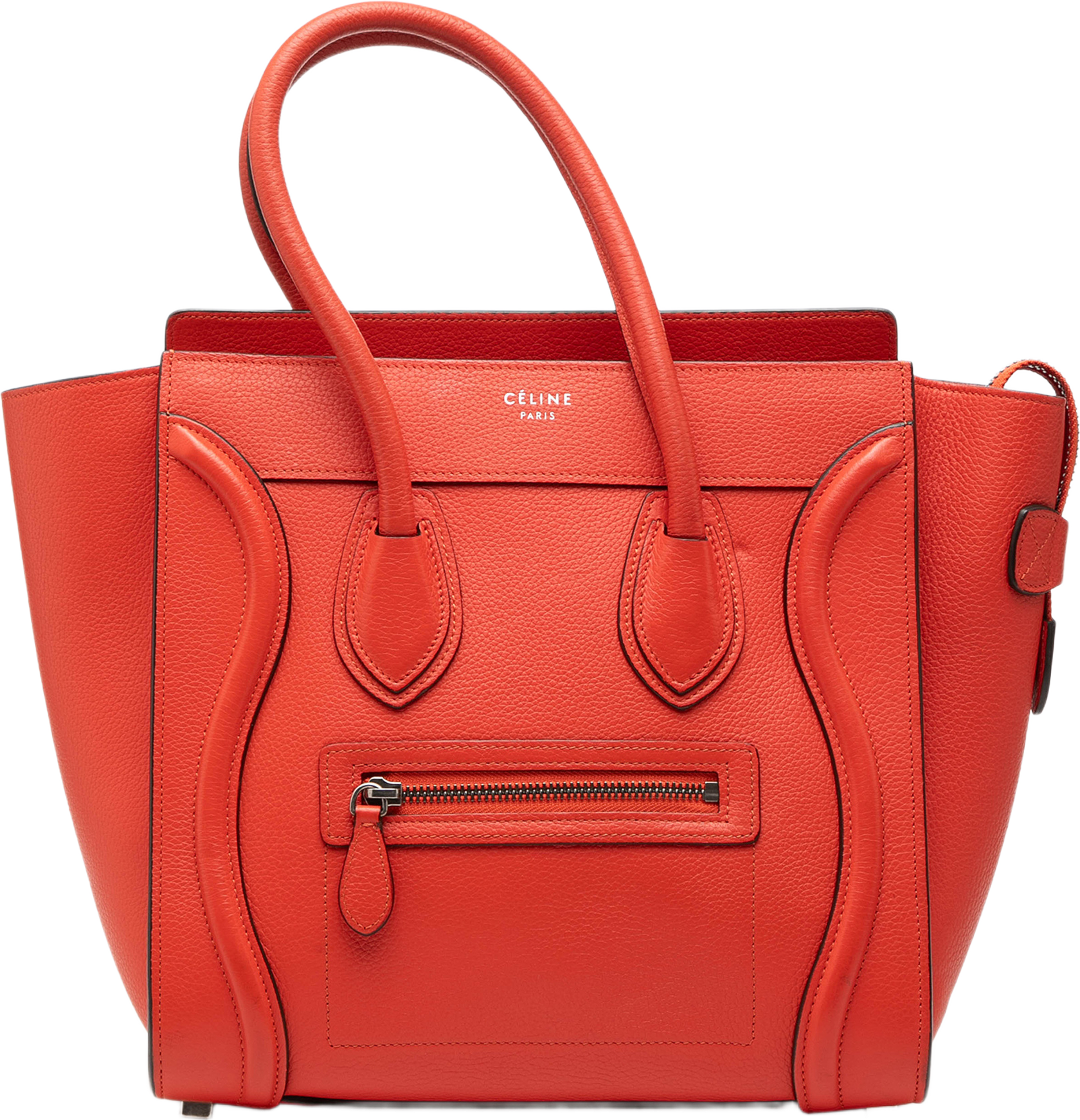 Celine Micro Leather Luggage Tote, från Luxclusif, i färgen red orange. Klicka för att öppna bilden i stort format