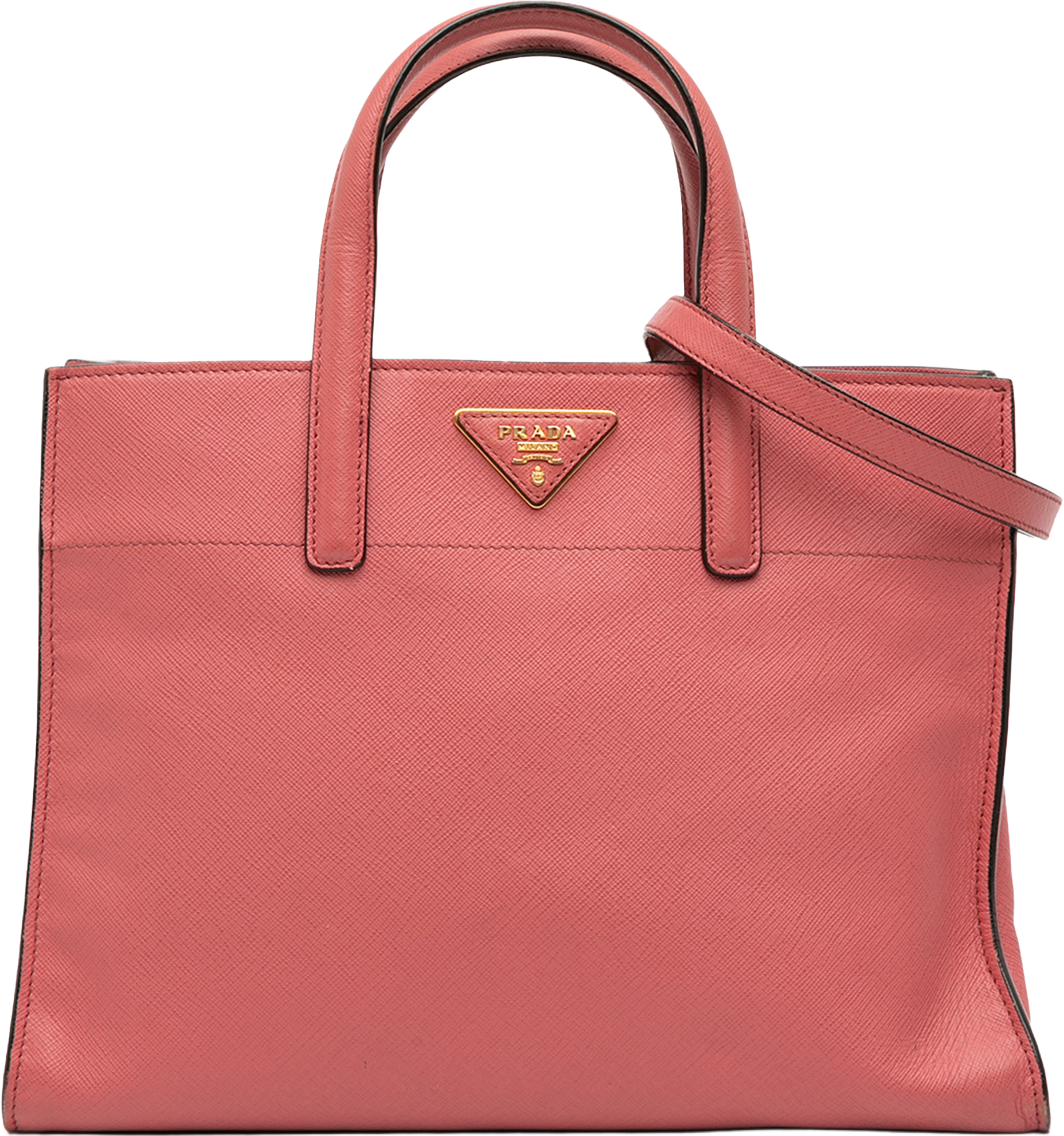 Prada Saffiano Soft Triple Pocket Tote, från Luxclusif, i färgen pink. Klicka för att öppna bilden i stort format