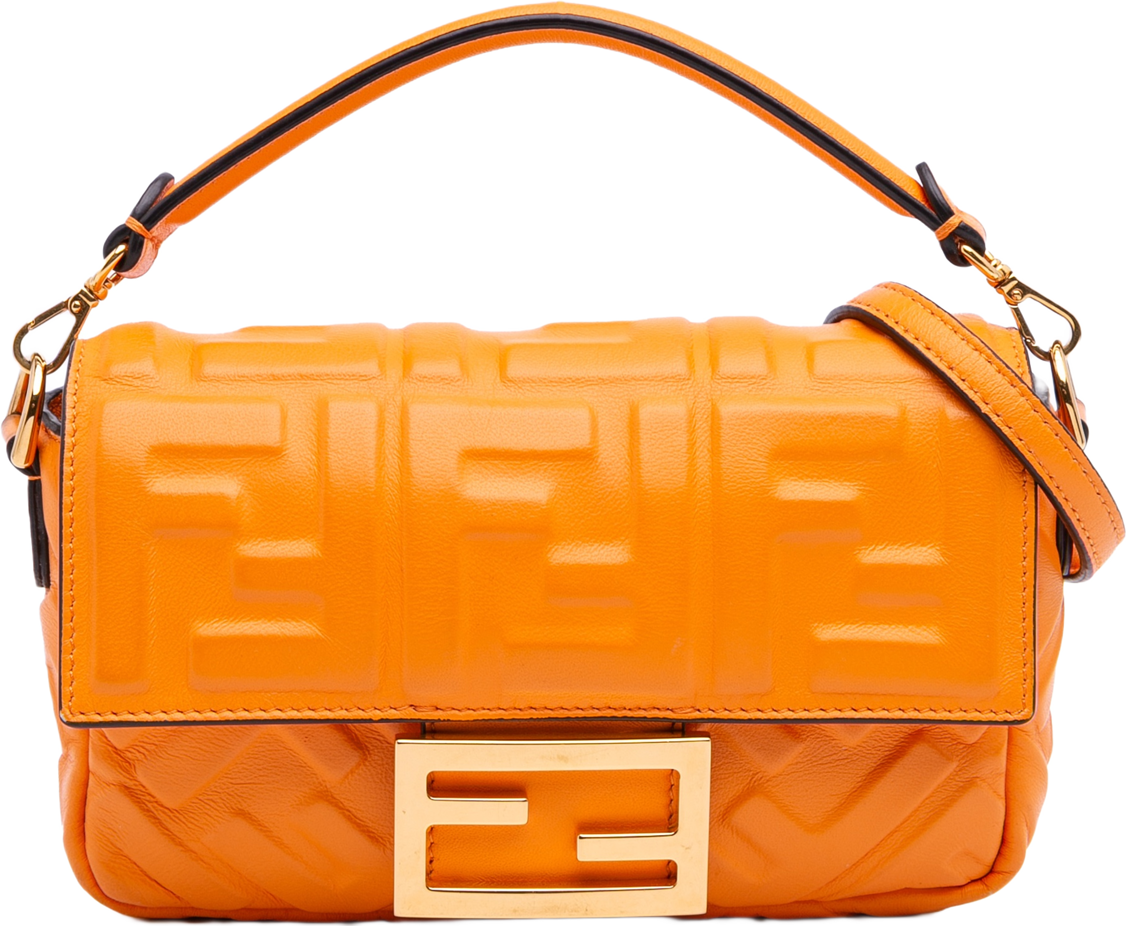 Fendi Mini Zucca Embossed Leather Baguette Satchel, från Luxclusif, i färgen orange. Klicka för att öppna bilden i stort format