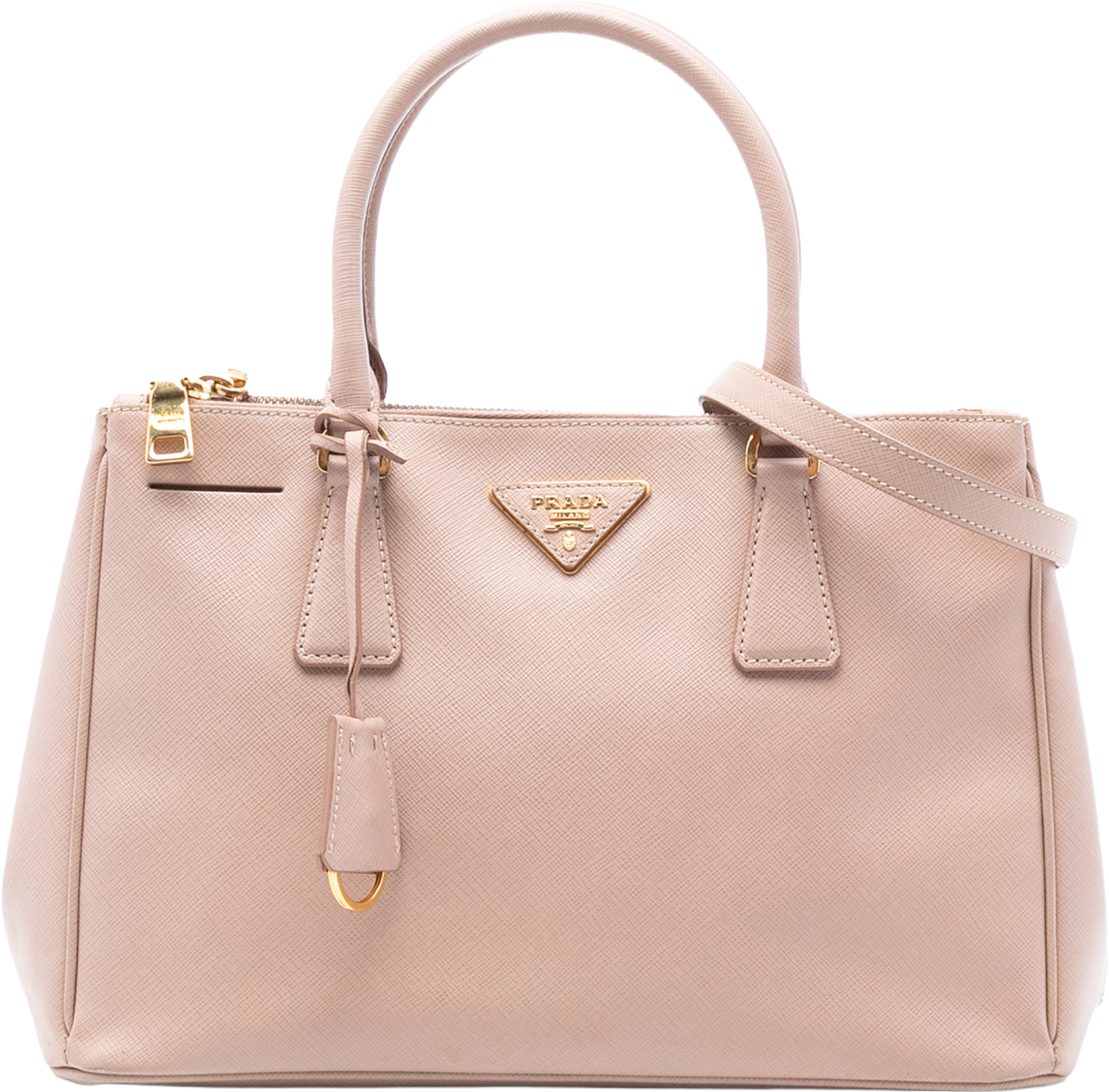 Prada Medium Saffiano Lux Galleria Double Zip Satchel, från Luxclusif, i färgen beige. Klicka för att öppna bilden i stort format
