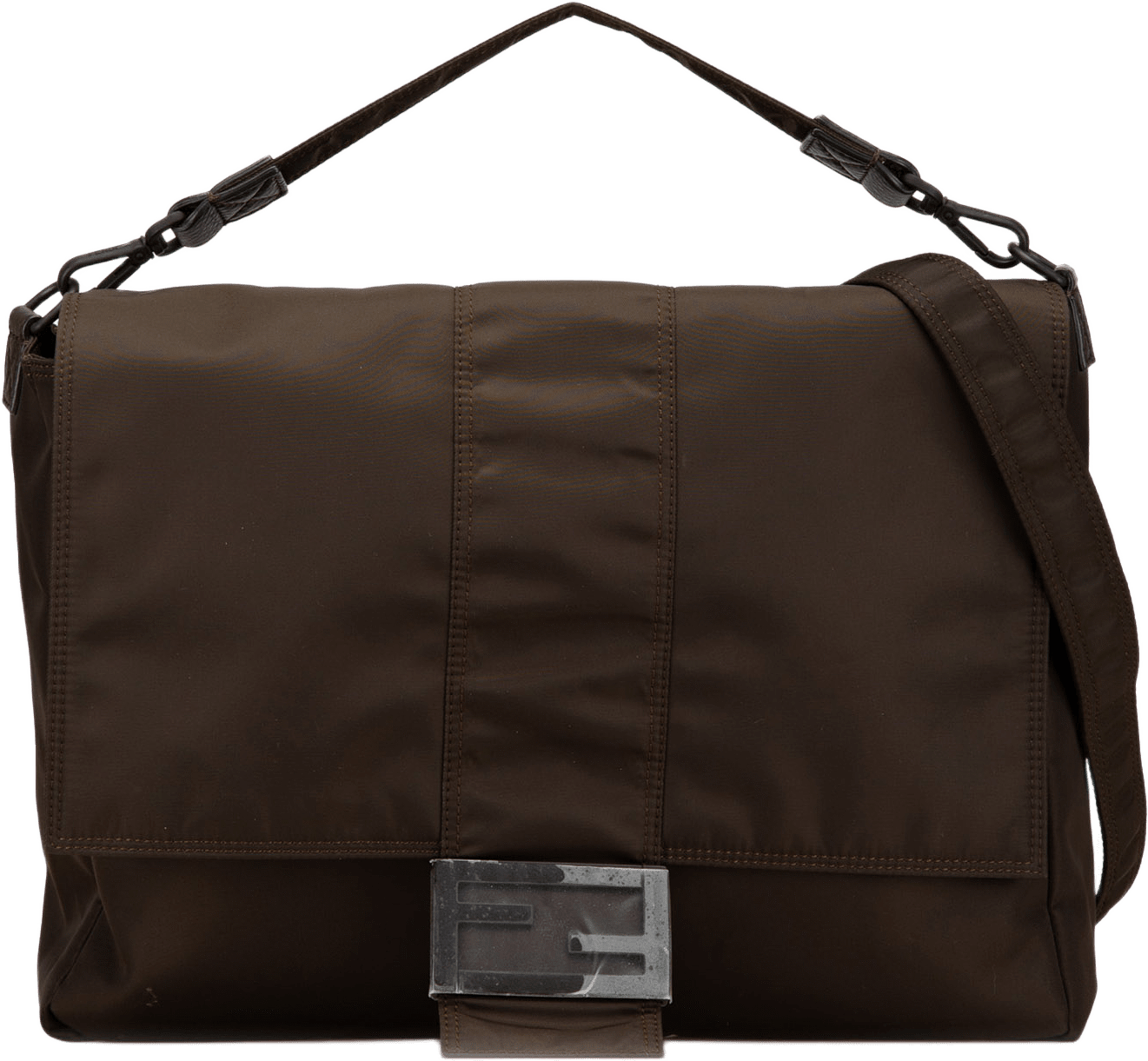 Fendi Large Econyl Nylon Baguette Satchel, från Luxclusif, i färgen dark brown. Klicka för att öppna bilden i stort format