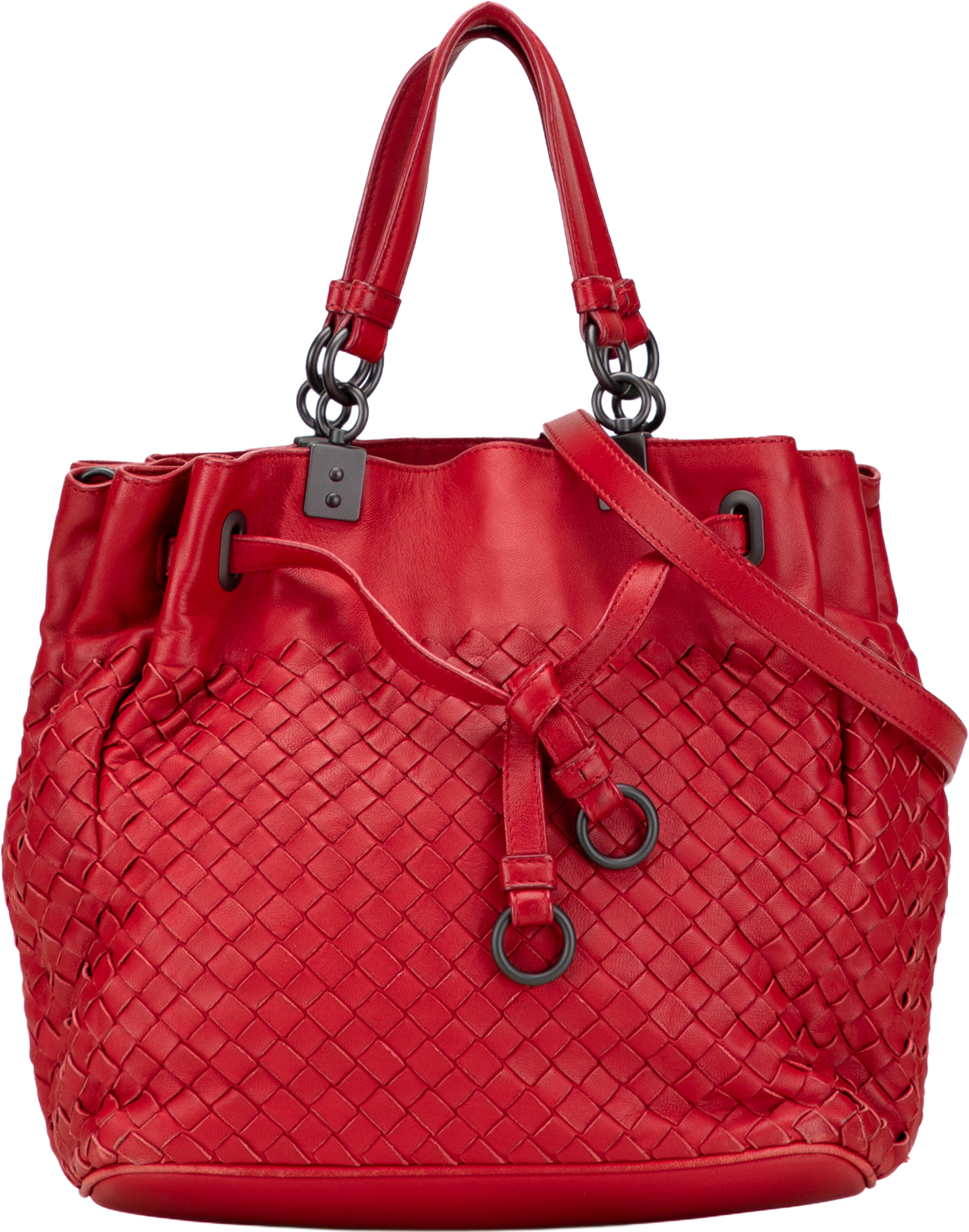 Bottega Veneta Nappa Intrecciato Bucket Bag, från Luxclusif, i färgen red. Klicka för att öppna bilden i stort format