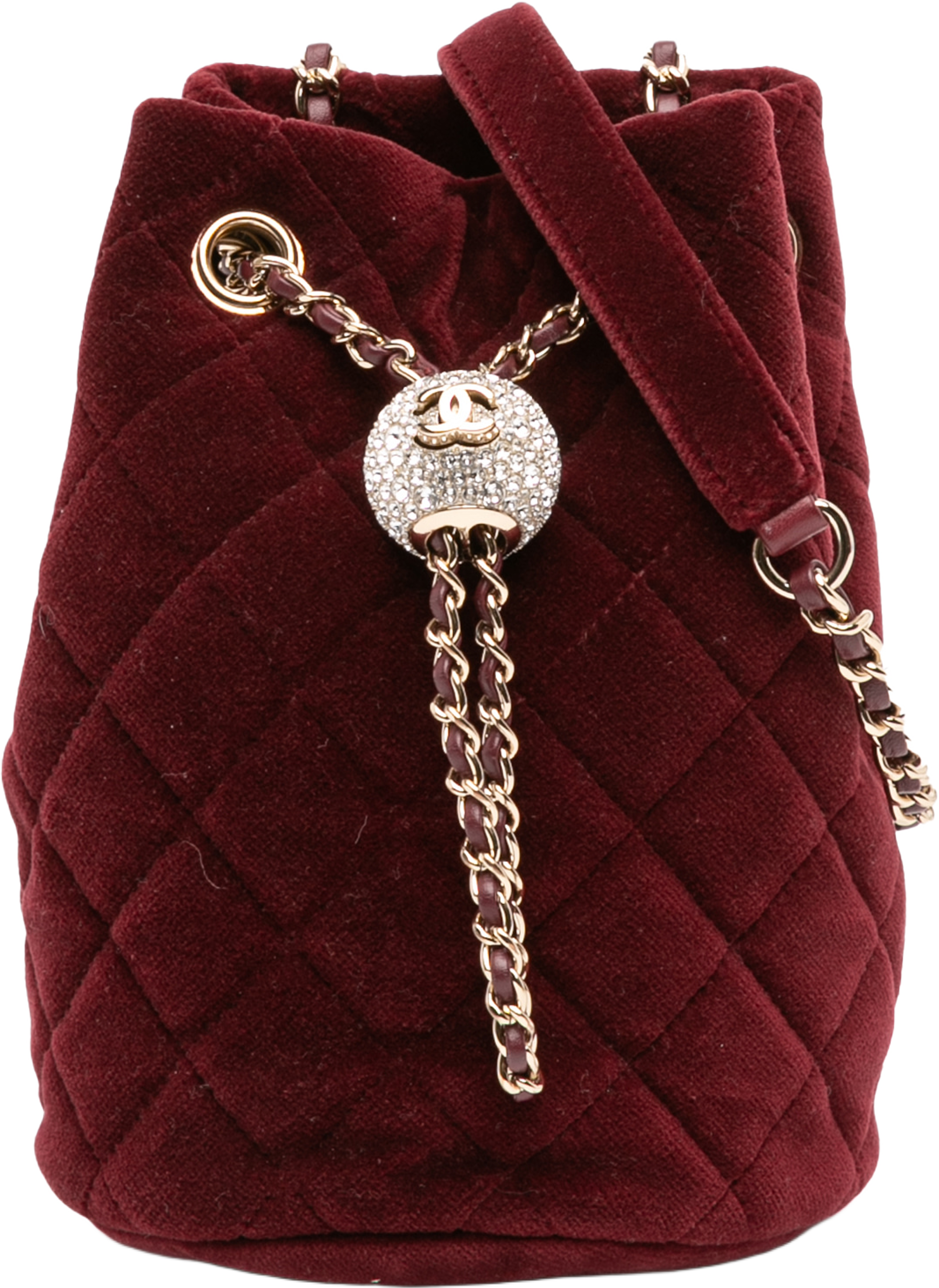 Chanel Mini Velvet Crystal Pearl Crush Bucket Bag, från Luxclusif, i färgen burgundy. Klicka för att öppna bilden i stort format