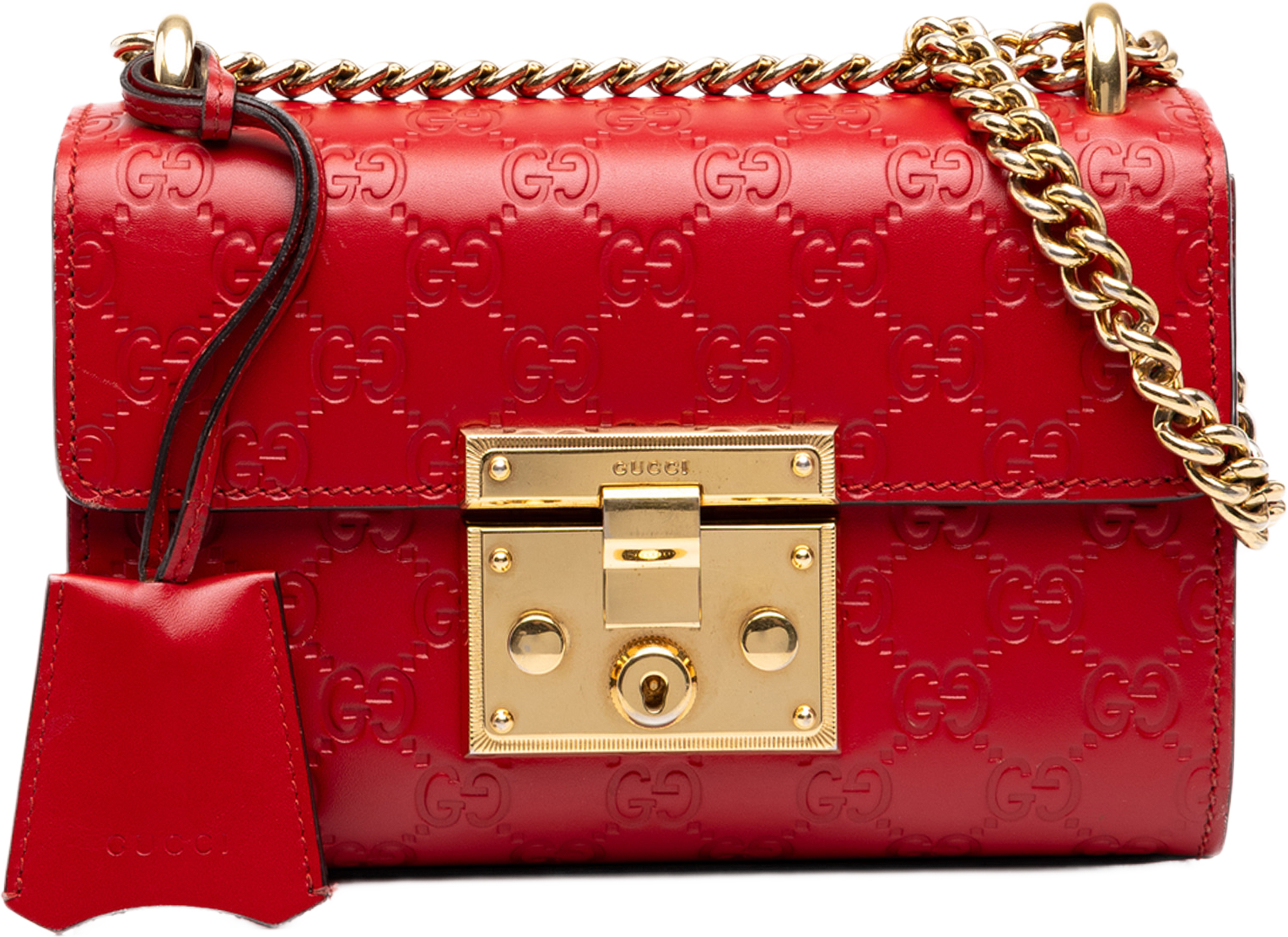 Gucci Small Guccissima Padlock Crossbody, från Luxclusif, i färgen röd. Klicka för att öppna bilden i stort format