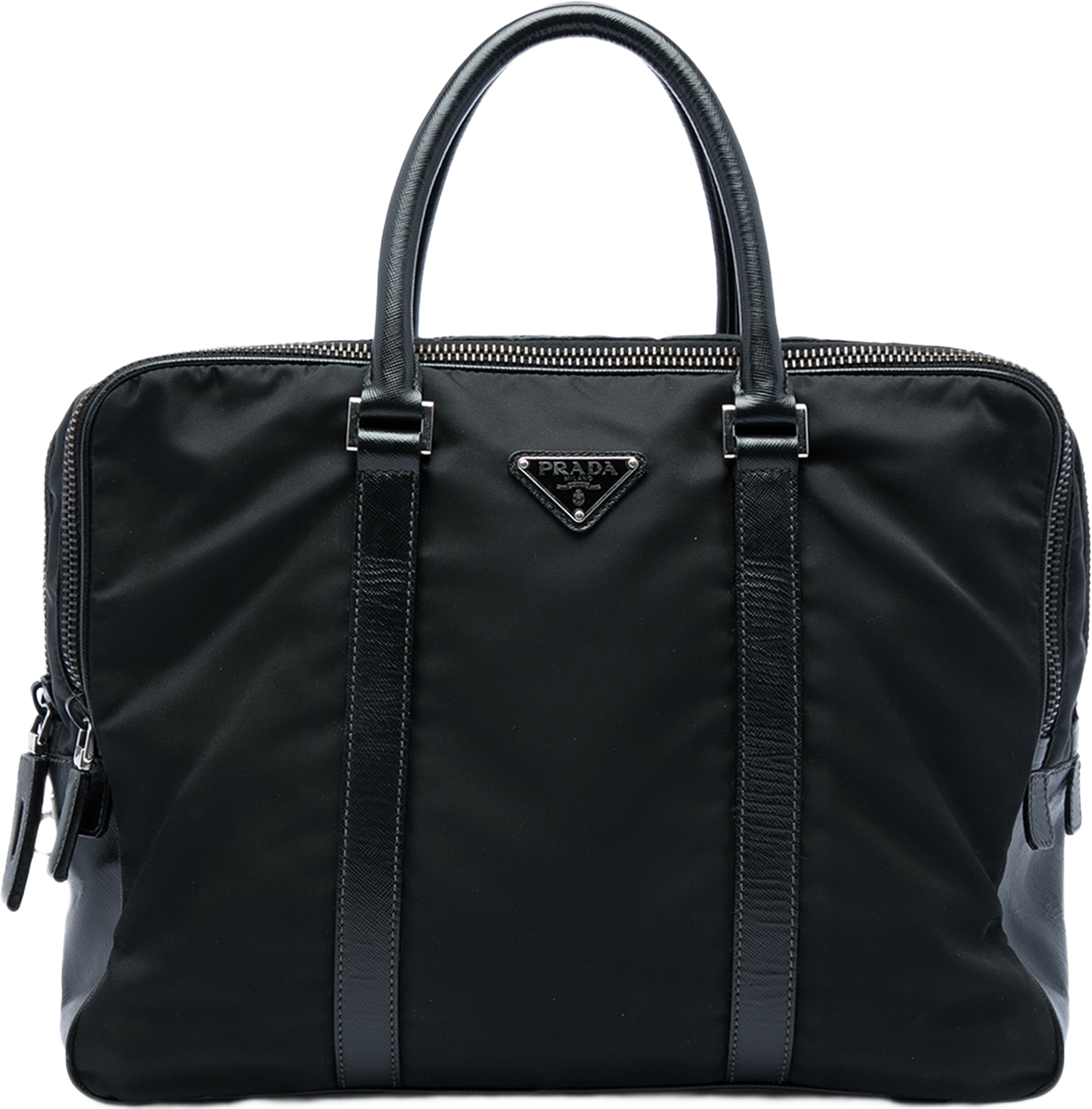 Prada Saffiano Trimmed Tessuto Business Bag, från Luxclusif, i färgen svart. Klicka för att öppna bilden i stort format
