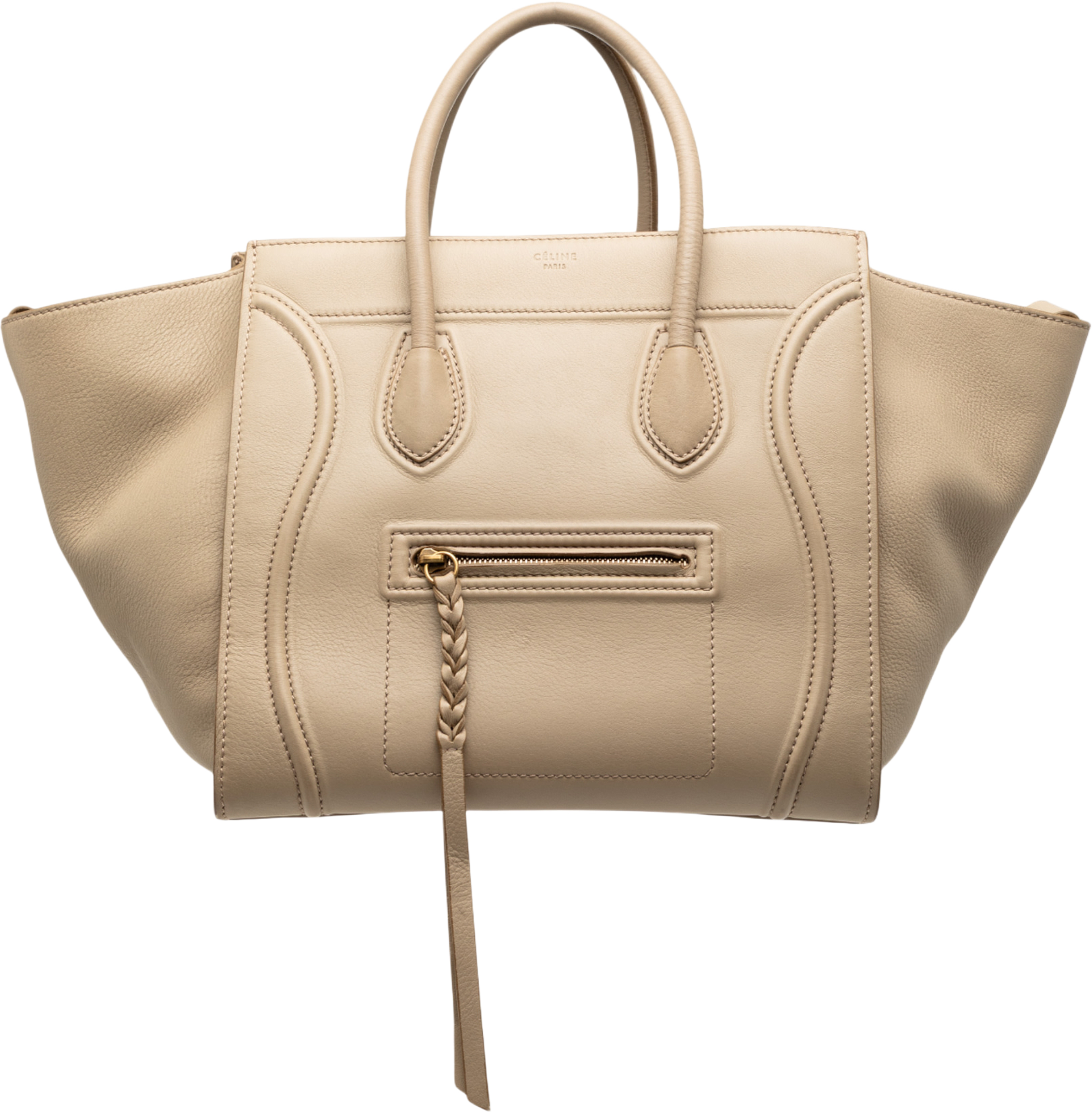Celine Medium Leather Luggage Phantom Tote, från Luxclusif, i färgen beige. Klicka för att öppna bilden i stort format