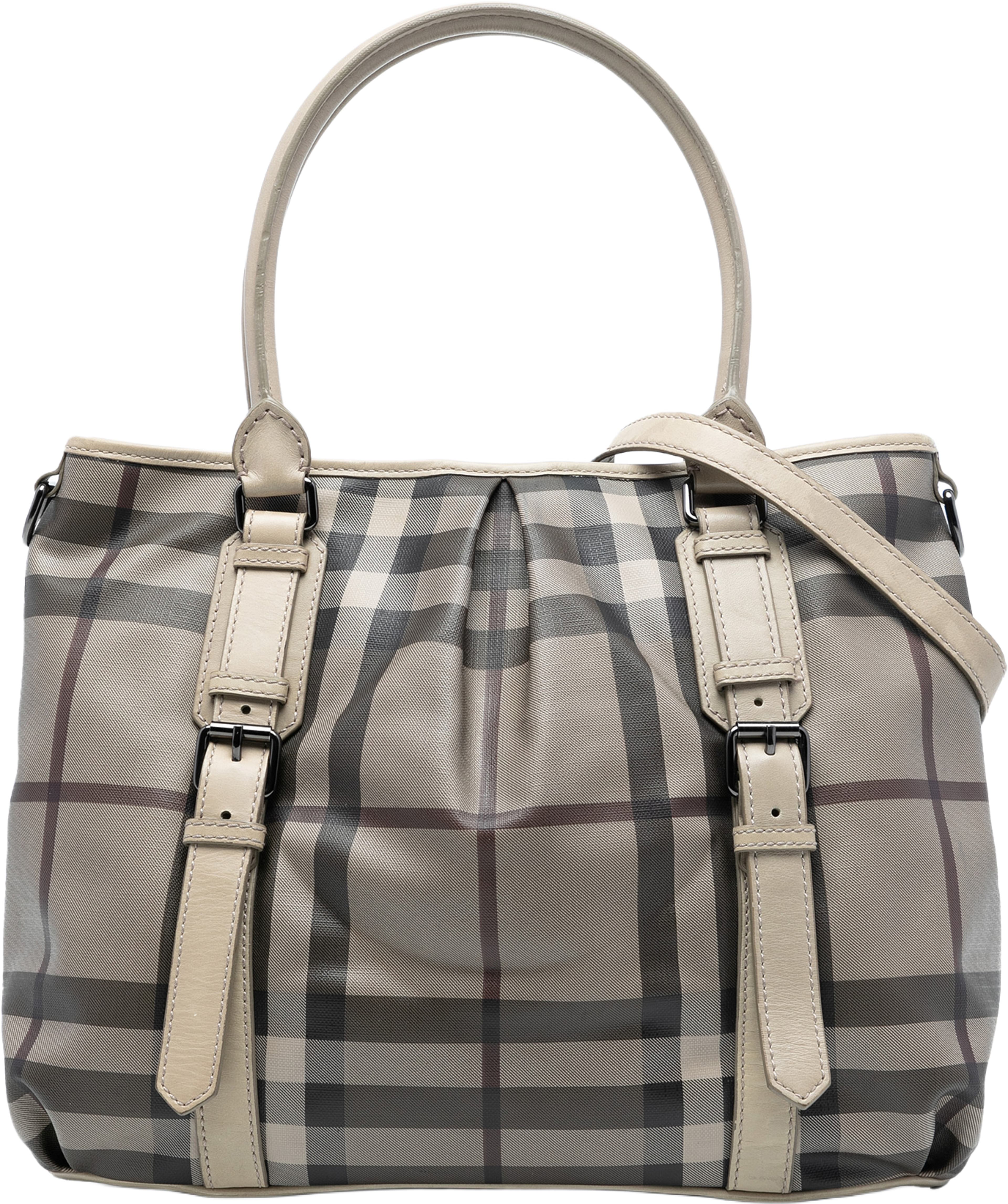 Burberry Smoke Check Coated Canvas Northfield Satchel, från Luxclusif, i färgen beige. Klicka för att öppna bilden i stort format