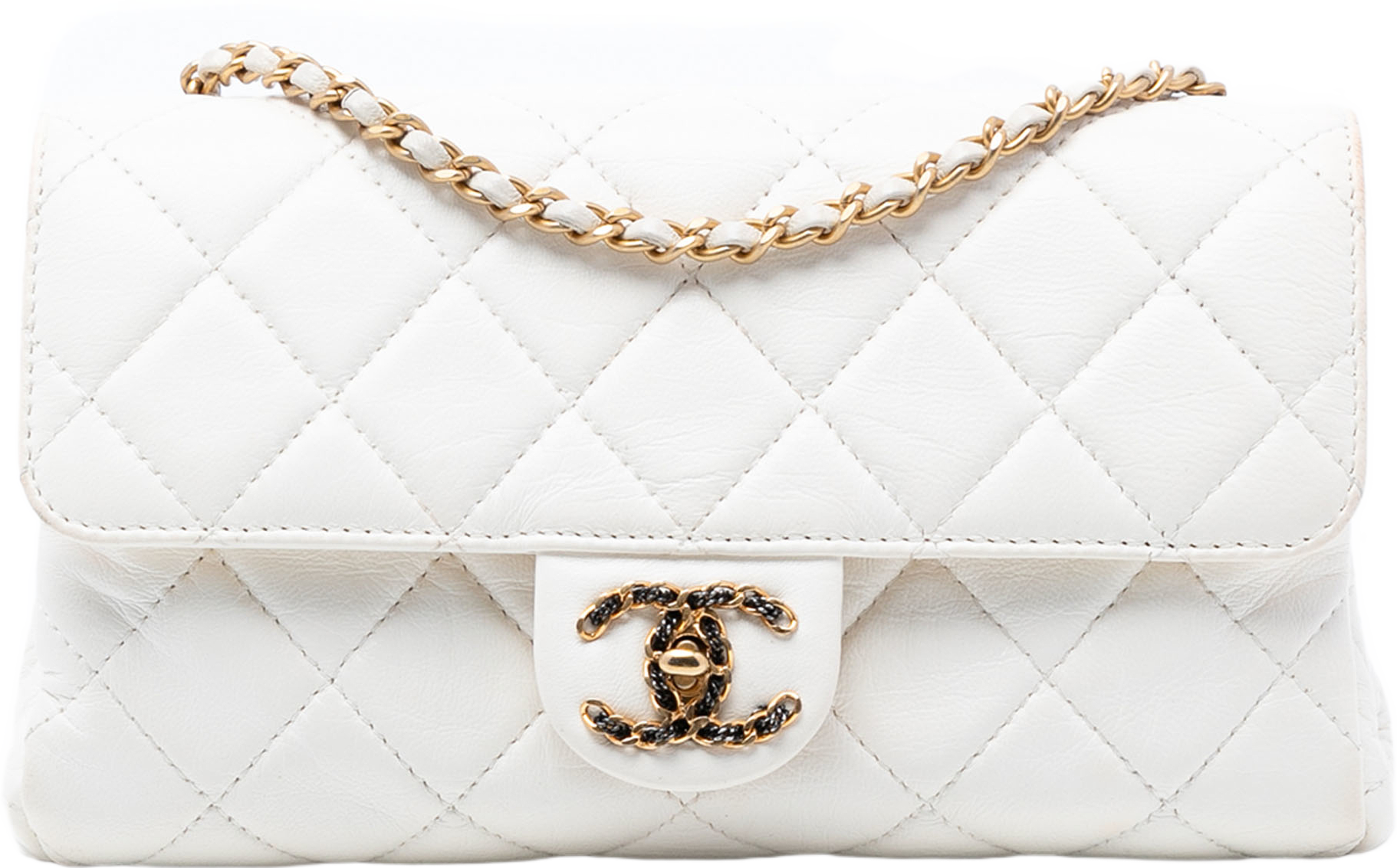 Chanel Small Cc Quilted Aged Calfskin Accordion Flap, från Luxclusif, i färgen ivory. Klicka för att öppna bilden i stort format